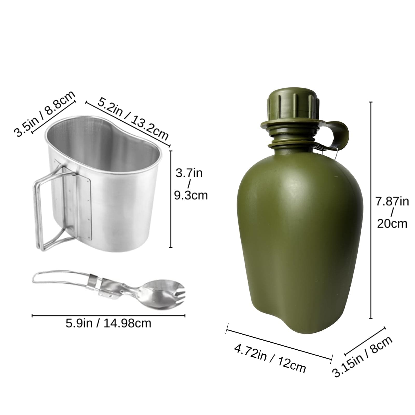 BeGrit Outdoor Kettle Canteen Aluminum Cup Kit and Co er with Stainless Steel Foldable Spoon Fork for Hiking Camping, 1 Quart