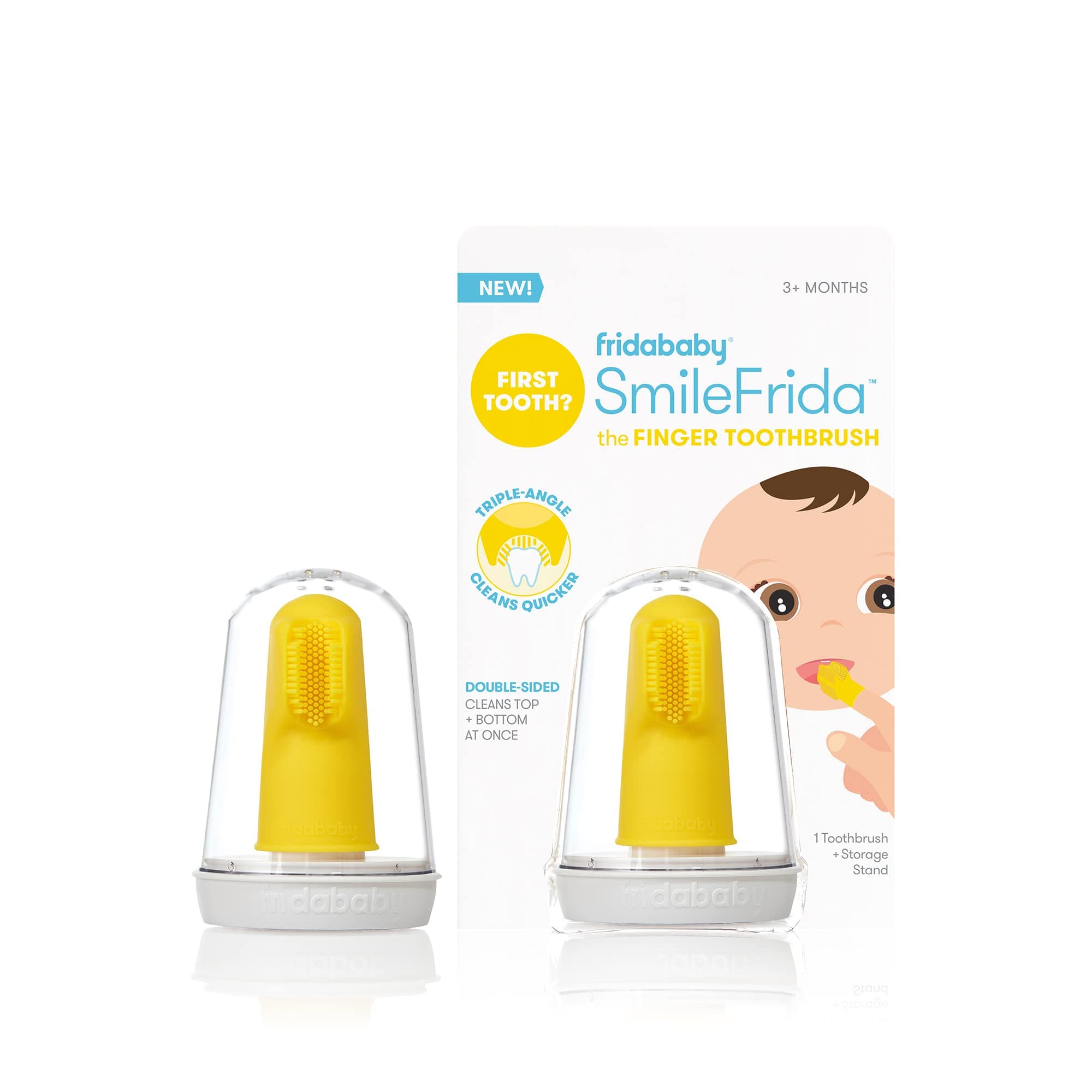 FridaBaby Baby's First Silicone, BPA-Free Smile-Frida The Finger Double-Sided Manual Toothbrush with Case, Cleans Teeth and Gums for 3 Months- Yellow