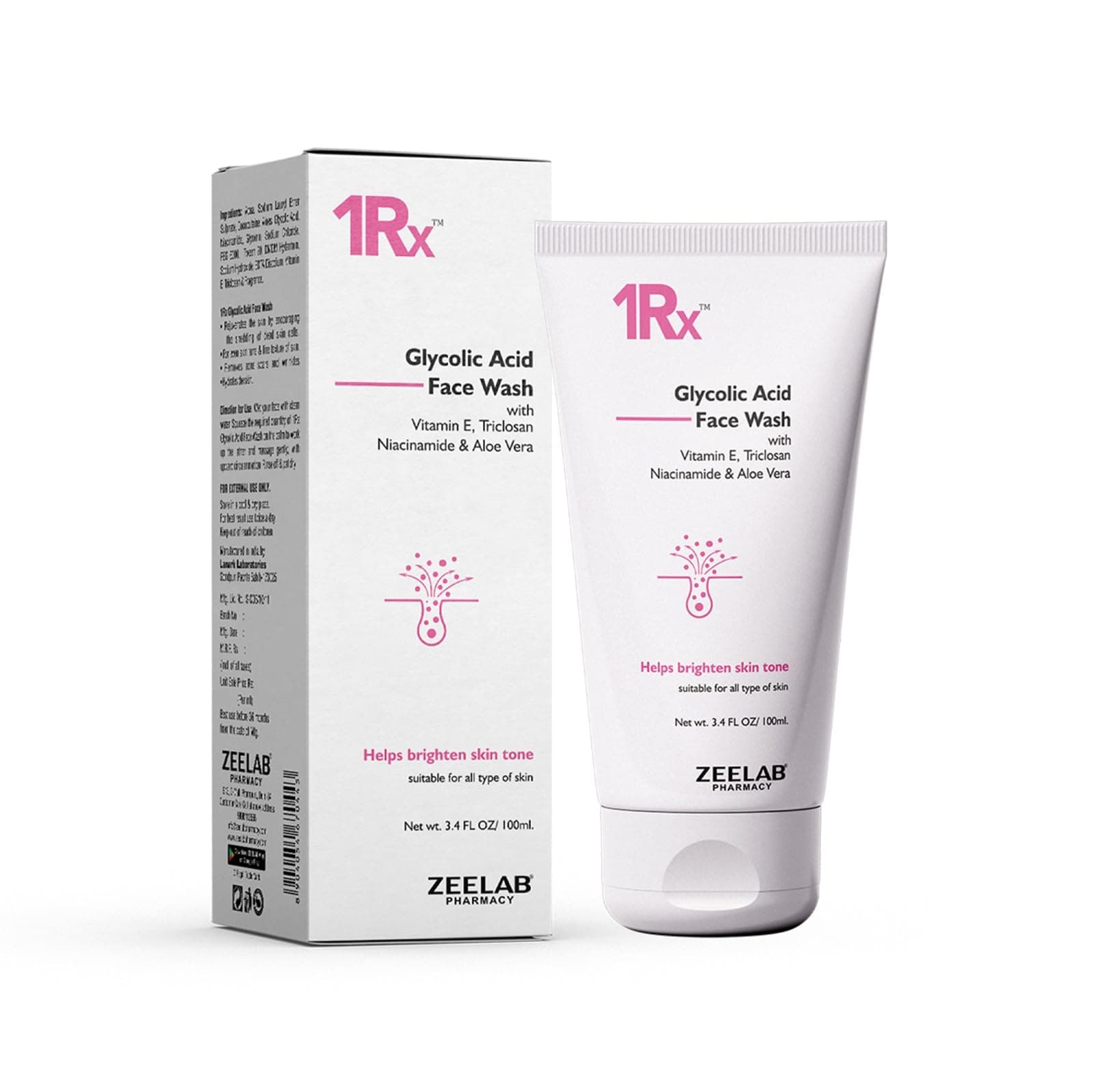 1RX Glycolic Acid Face Wash 100gm | Exfoliating & Brightening Cleanser | With Aloe Vera, Niacinamide & Vitamin E | Removes Dead Skin, Controls Oil & Helps Improve Skin Texture | For Men & Women