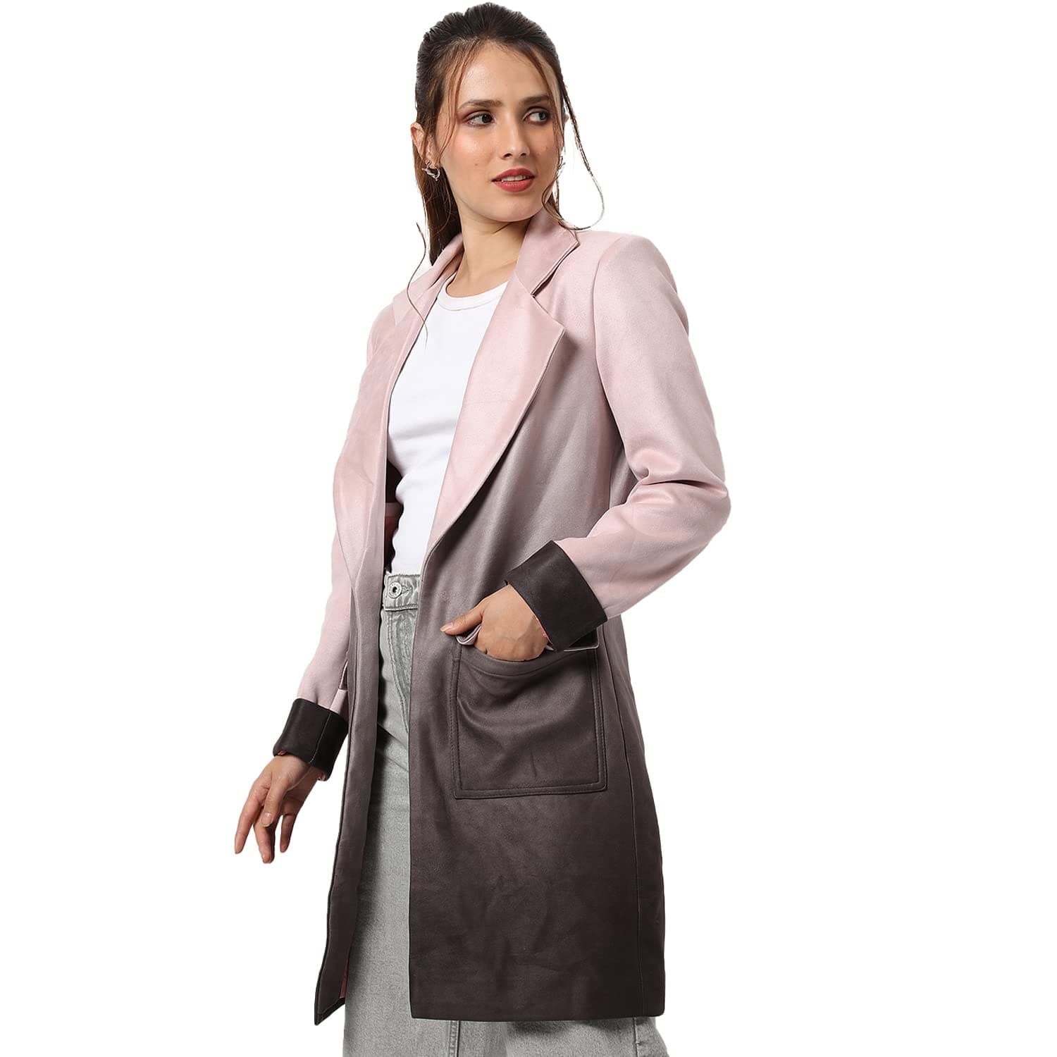 Campus Sutra Women Dusky Pink & Brown Ombre Regular Fit Long Coat For Casual Wear. Lapel Collar, Regular Full Sleeve. Coat Crafted With Comfort Fit And High Performance For Everyday Wear