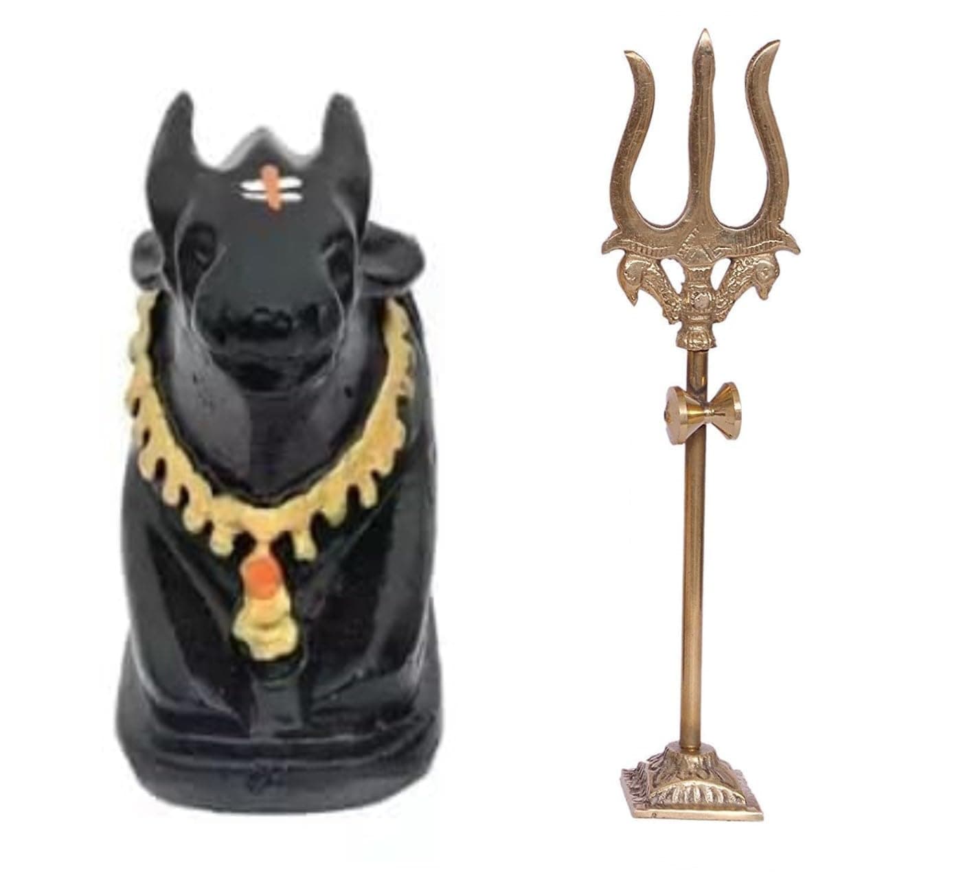HaridwarDivine Devotional Tilak Polyresin Nandi Idol Statue with Brass Trishul Nandi Maharaj Statue for Temple,