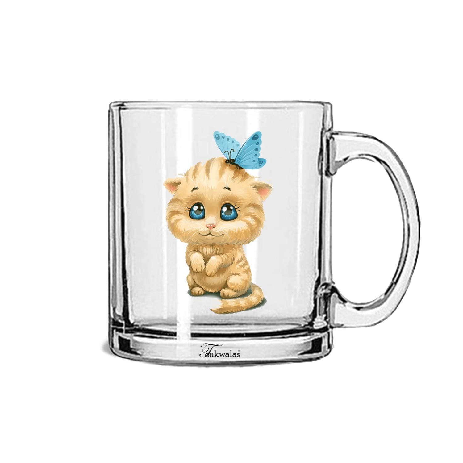 TONKWALAS Cute Golden Cat Printed Transparent Glass Coffee and Tea Mug Ideal Gift for Kids, Sister (325 ML)