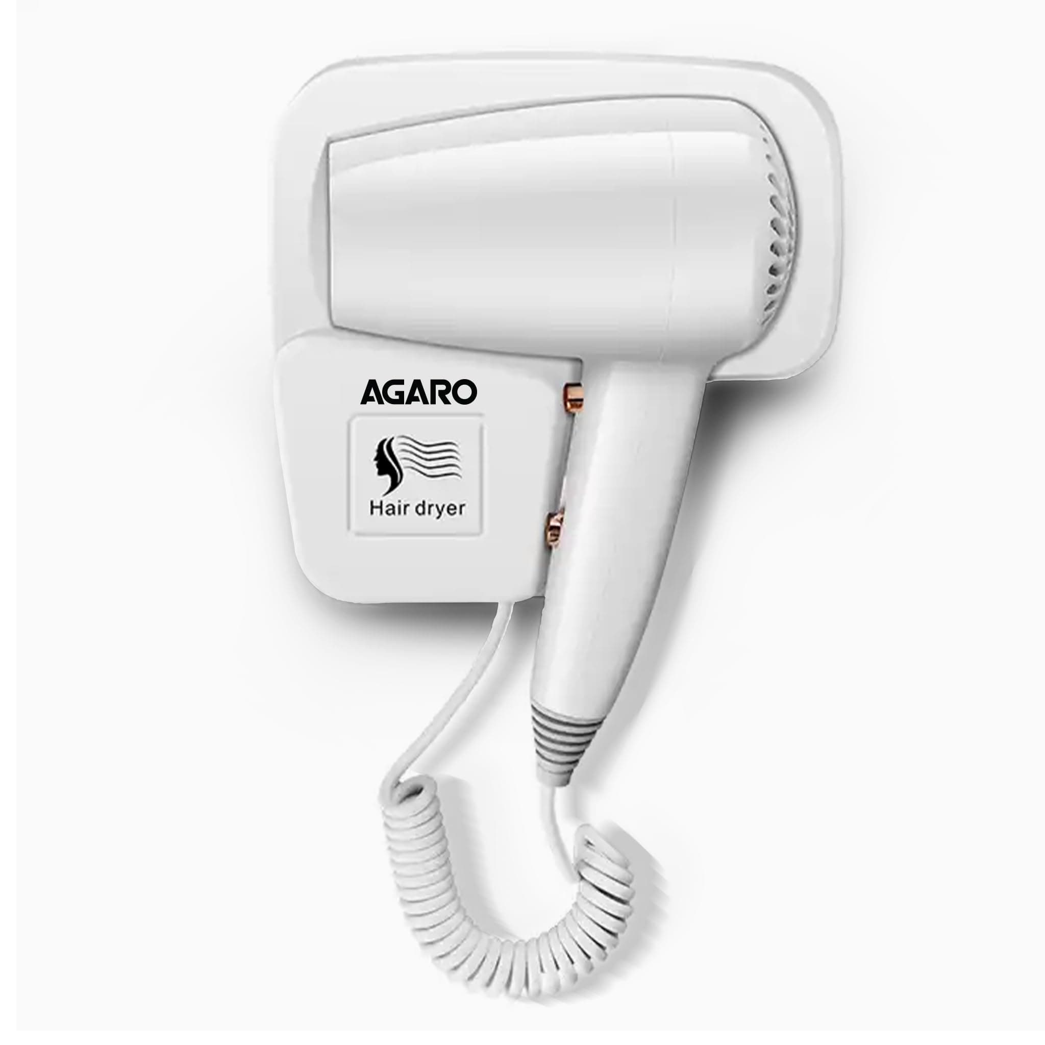 AGARO Wall Mounted Hair Dryer 1400W, Electric Wall Mount Hair Dryer, Hotel, Bathroom, Household, Wall Hanging Dryer, White HD1417