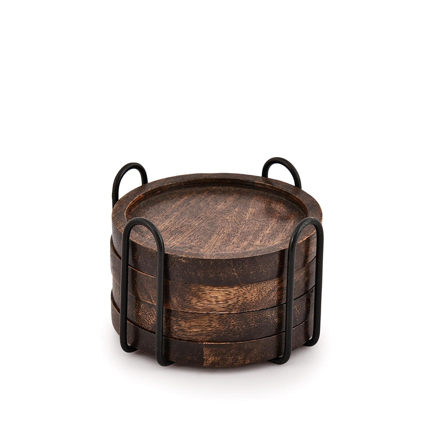 SAMHITA Mango Wood Coasters for Drinks with Iron Holder Stand Set of 4 for Drinking Glasses, Tabletop Protection for Any Table Type