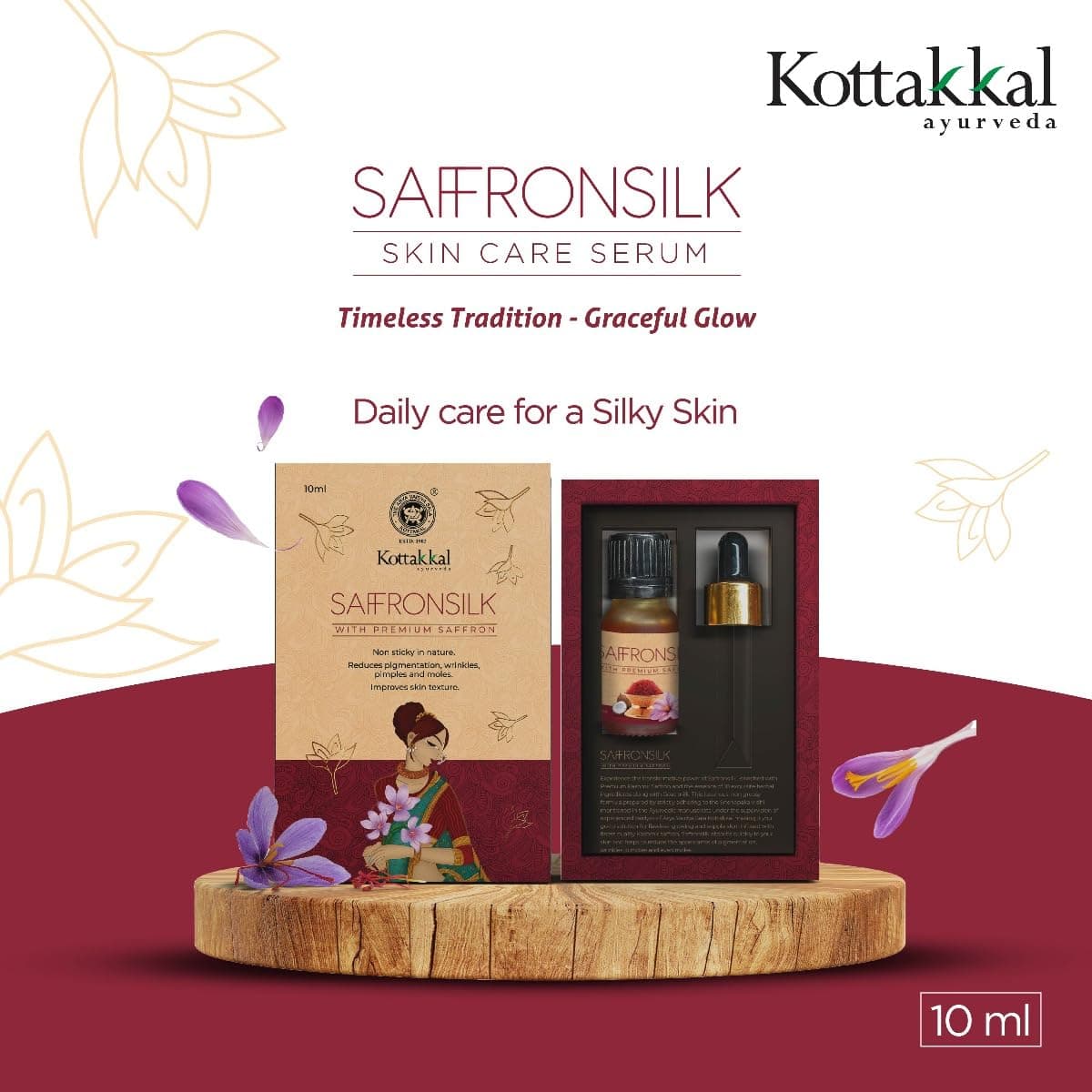 Kottakkal Ayurveda Saffron Silk Radiance-Boosting Face Serum, Brightens and Hydrates, good for Dull and Tired Skin