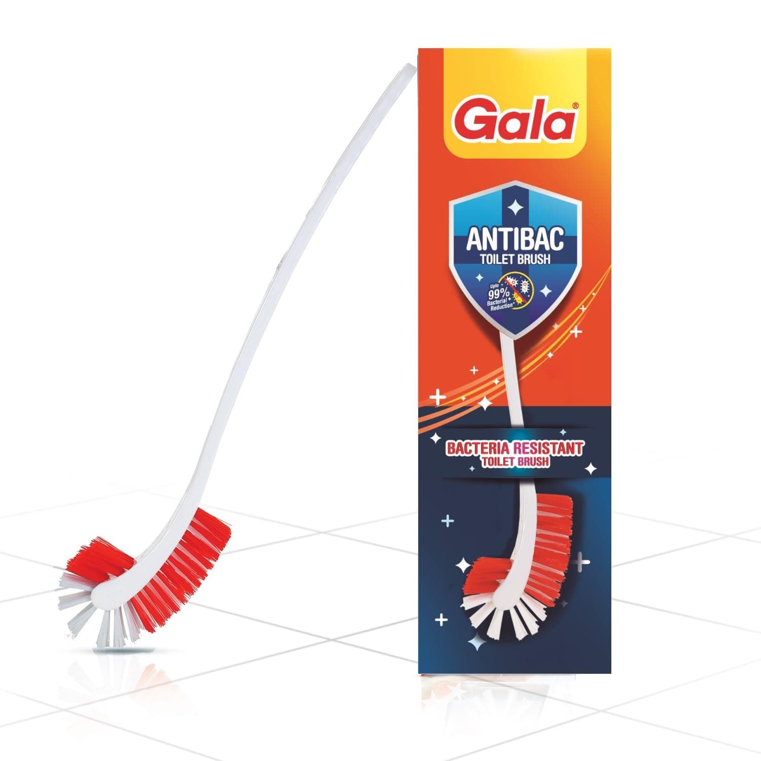 Gala Antibac Double Hockey Antibacteria Toilet Brush, Toilet Brush for Western and Indian Toilet, Bathroom Brush for Toilet Cleaning (White and red,Pack of 1)