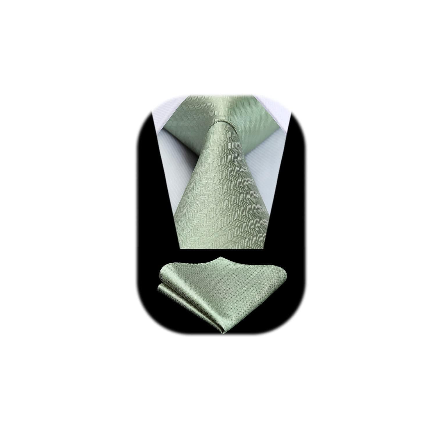 HISDERN Solid Herringbone Tie Handkerchief Woven Classic Chevron Men's Necktie & Pocket Square Set Sage