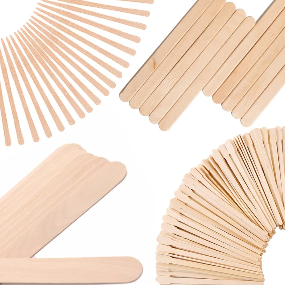 Mibly 4 Style Assorted Wooden Wax Sticks - For Body Legs Face and Small Medium Large Sizes Eyebrow Waxing Applicator Spatulas for Hair Removal or Wood Craft Sticks (Pack Of 250 Assorted Waxing Sticks)