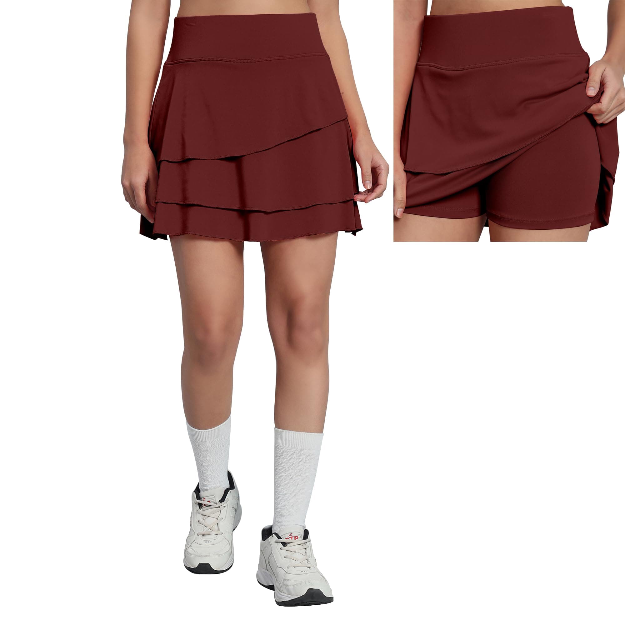 Mehrang Women Polyester Skirt with Shorts Solid High Waist Flared Skater Short Mini 3 Layer Skirt (in, Alpha, L, Regular, Maroon)