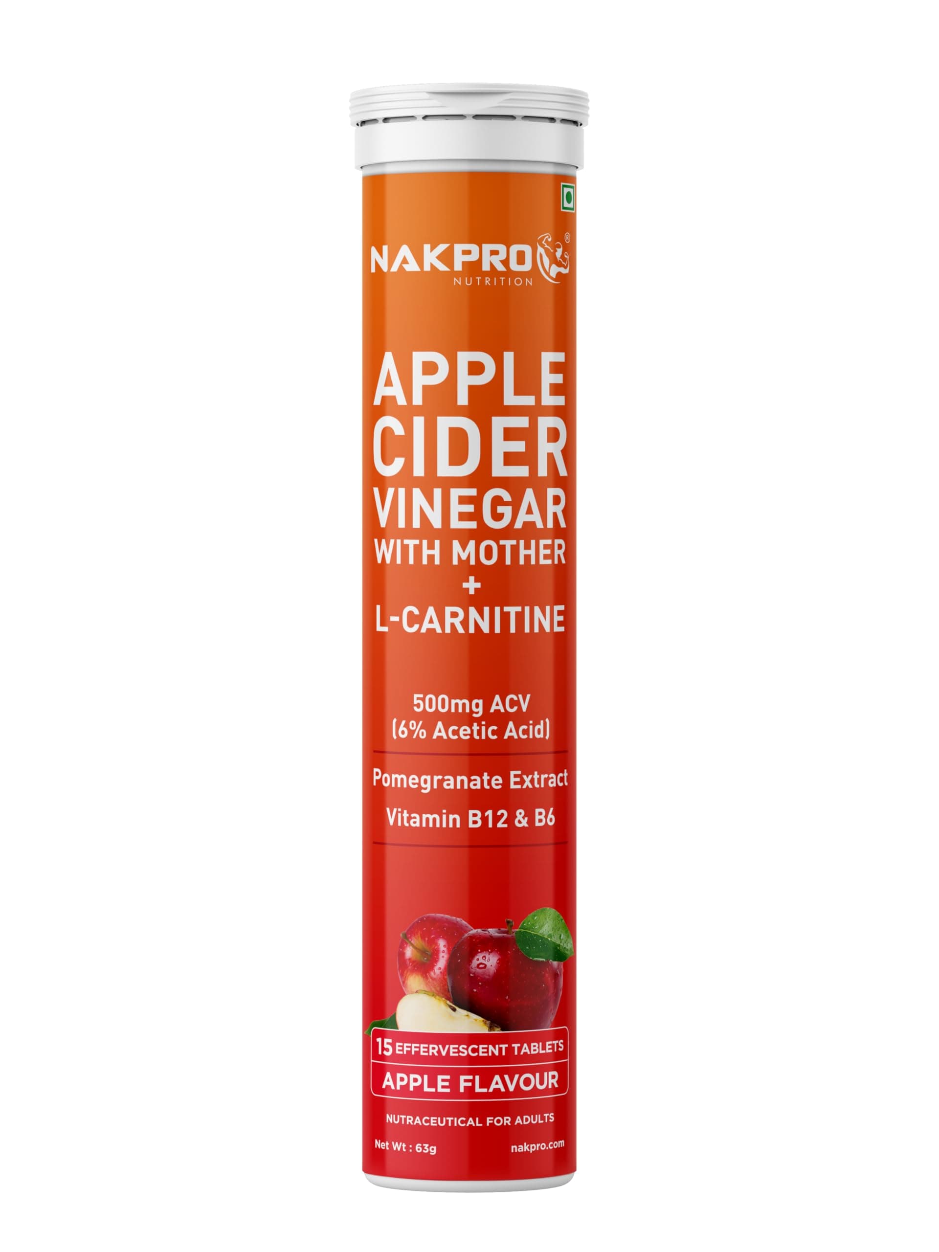 NAKPRO Apple Cider Vinegar Effervescent Tablet With Mother, Vitamin B6 & B12, Added L-Carnitine | 100% Veg, No Added Sugar - Apple Flavour, 15 Effervescent Tablets, 63 Grams