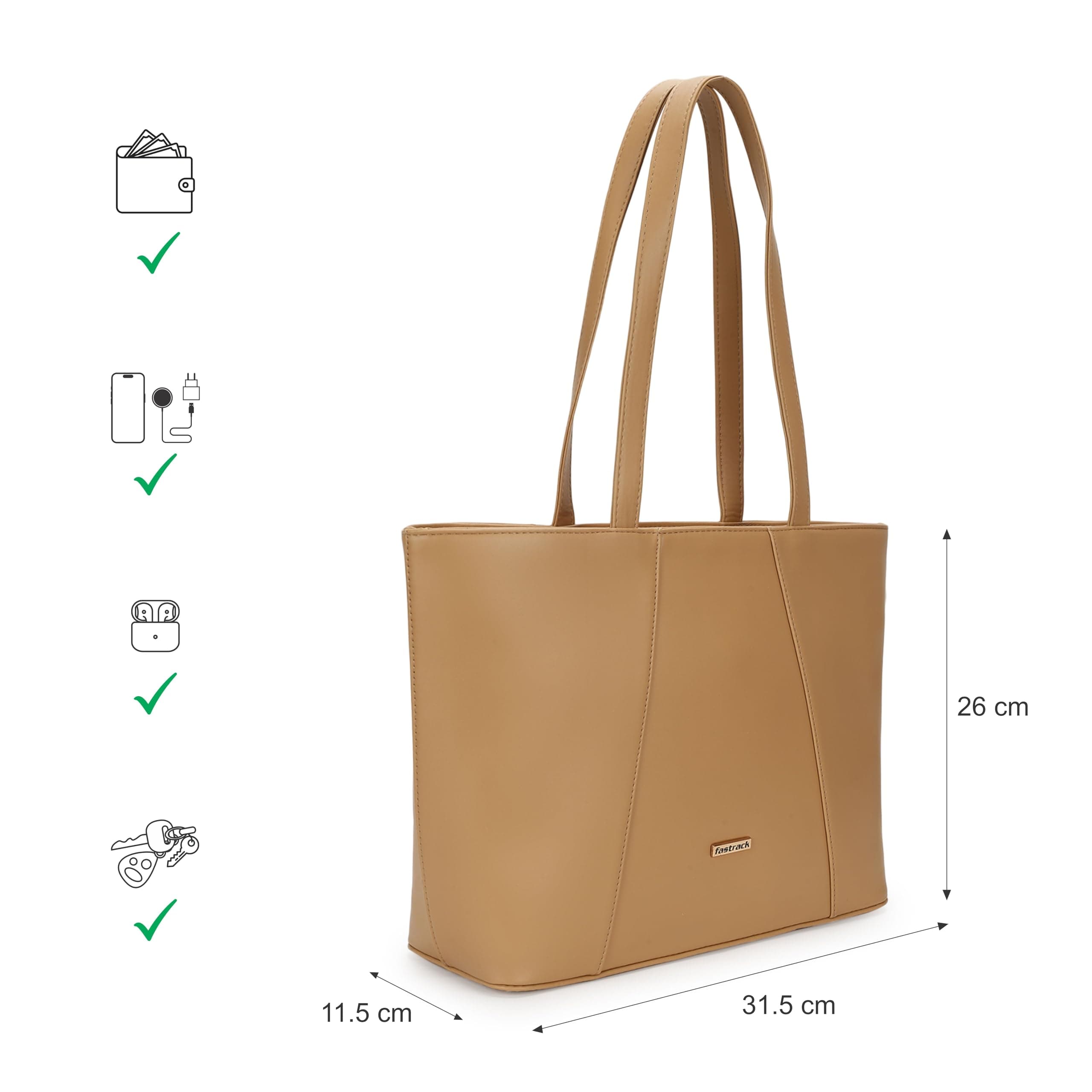 Fastrack Women's Spacious Everyday Tote Bag with Side Zip Pocket | Fits Upto 14" Laptop | Roomy Interior with Inner Zip and Slip Pockets | Comfortable Shoulder Straps | Trendy Women's Handbags