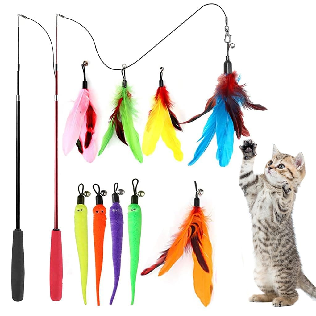 Qpets® Cat Teaser Toy,11 Pcs Cats Toys Set with 2 Retractable Teaser Wand & 5 Feather Teaser & 4 Worm Teaser for Kitten to Play Chase Activity Exercise