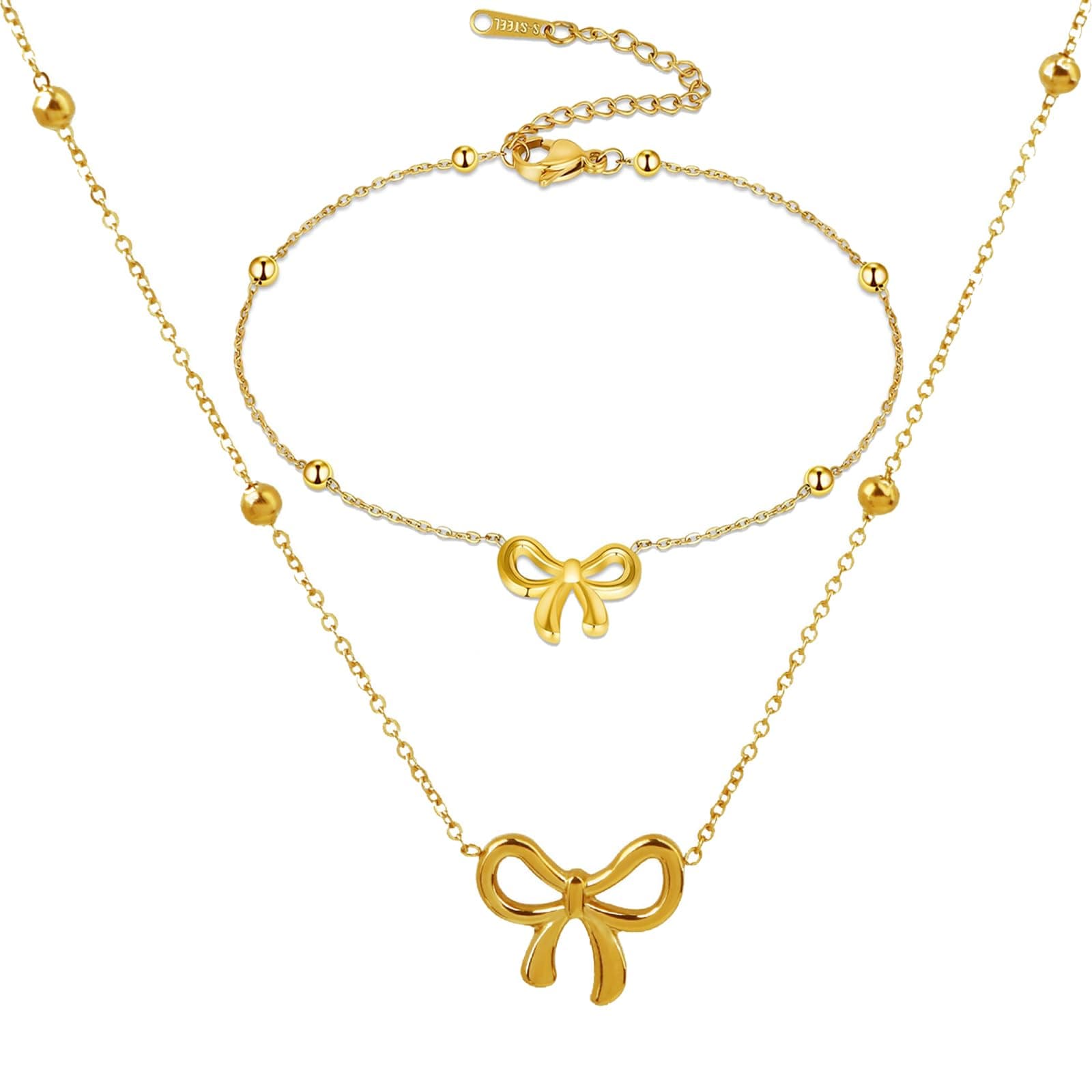 Zytiqt Pendant Necklace For Women, Chains For Women Stylish, Elegant Bow Necklace And Bracelet Set, Gold Plated Jewelry, Fashion Accessories For Everyday Wear