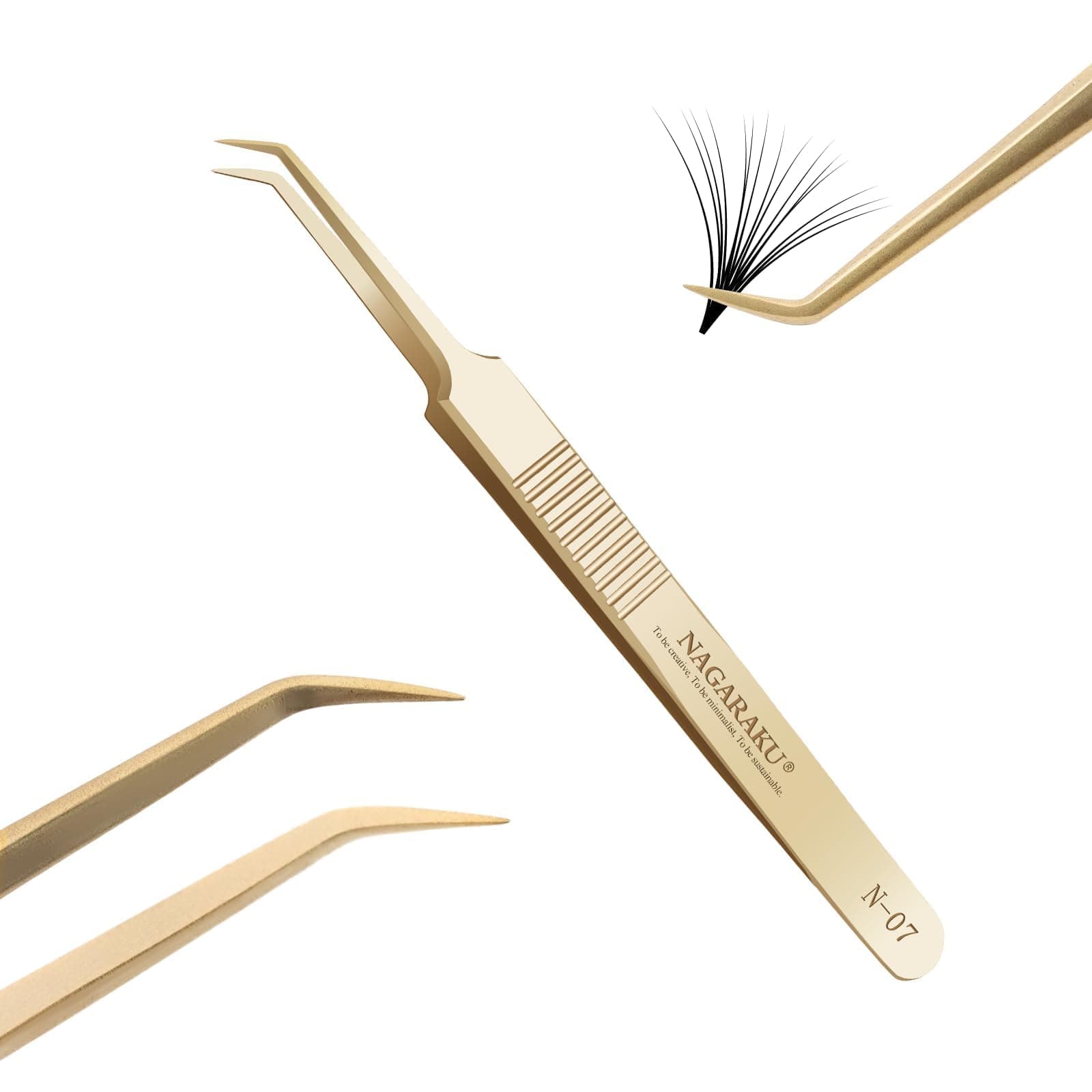 NAGARAKU Tweezers for Eyelash Extensions Gold Curved Angled Volume Cluster Super Light Weight Easy Fanning Tweezers Stainless Steel Precision (N-07)
