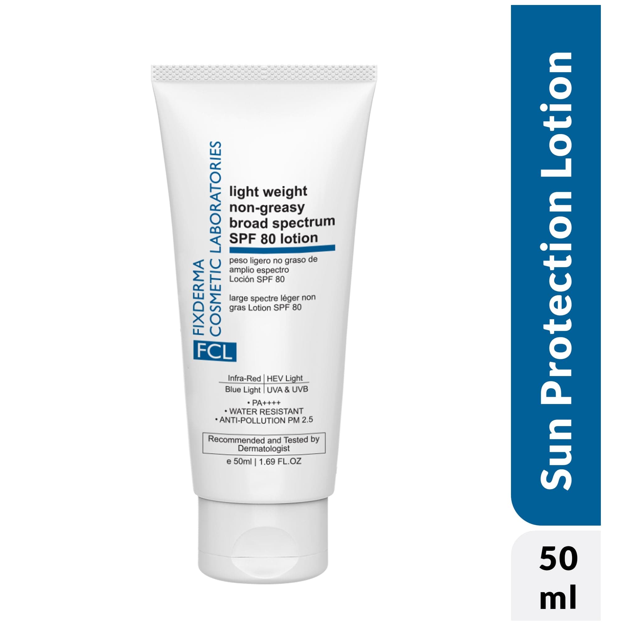 FCL Light Weight Non-Greasy Broad Spectrum SPF 80 Lotion | Sunscreen for Body & Face | Sun Screen Protector SPF 80 | Sunscreen for Women & Men | Non-Comedogenic & Water Resistant | For All Skin Types - 50ml