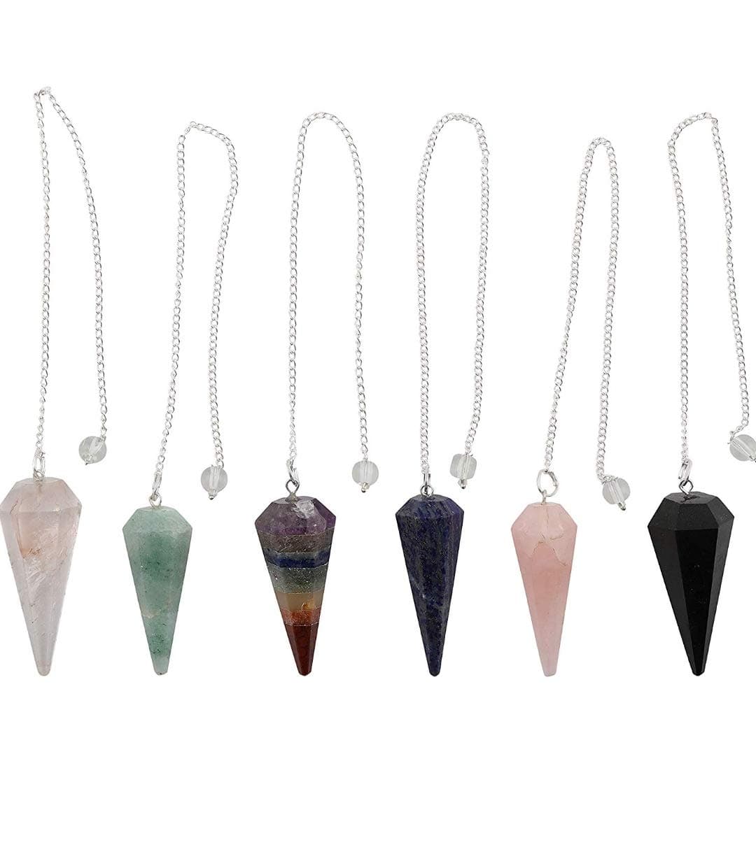 DHYANARSH Natural Gemstone Pendulum Set (Pack of 6) Sphatik/Crystal,Nephite green Jade, 7-Chakra, Blue Aventurine,Rose Stone.Black Tourmaline
