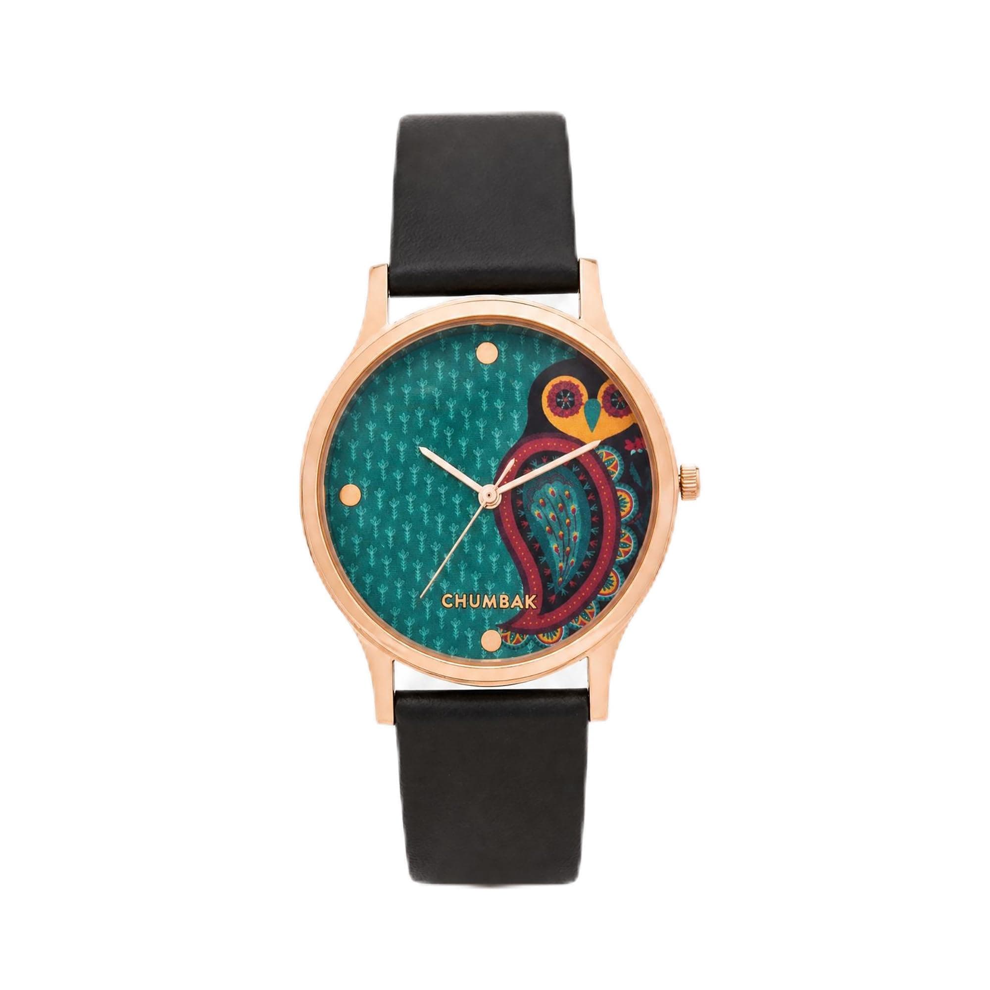 TEAL BY CHUMBAK Round Dial Analog Watch for Women,Folksy Owl Collection, Solid Vegan Leather Strap,Gifts for Women/Girls/Ladies,Stylish Fashion Watch for Casual/Work - Black
