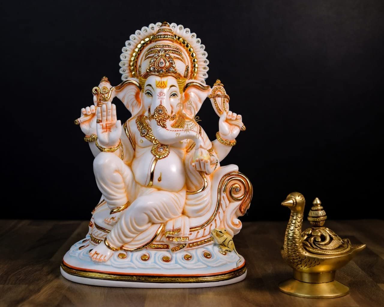 SHIVAJI ARTS Ganesha Vinayak Statue Marble White Color Hand Painted 11 Inch Big Large Size Pack of 1 Diwali Puja Idol