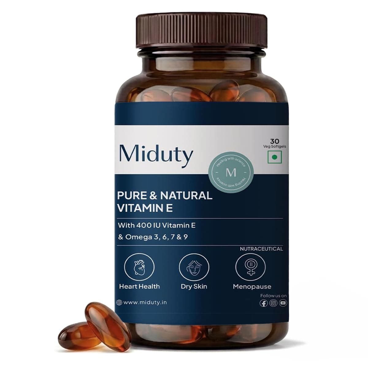 Miduty Vitamin E with Sea Buckthorn Berry Oil | D-Alpha Tocopherol from Natural Sunflower Oil | Omega 3, 6, 7 & 9 | Antioxidant Support for Skin & Heart Health | 30 Veg Softgels