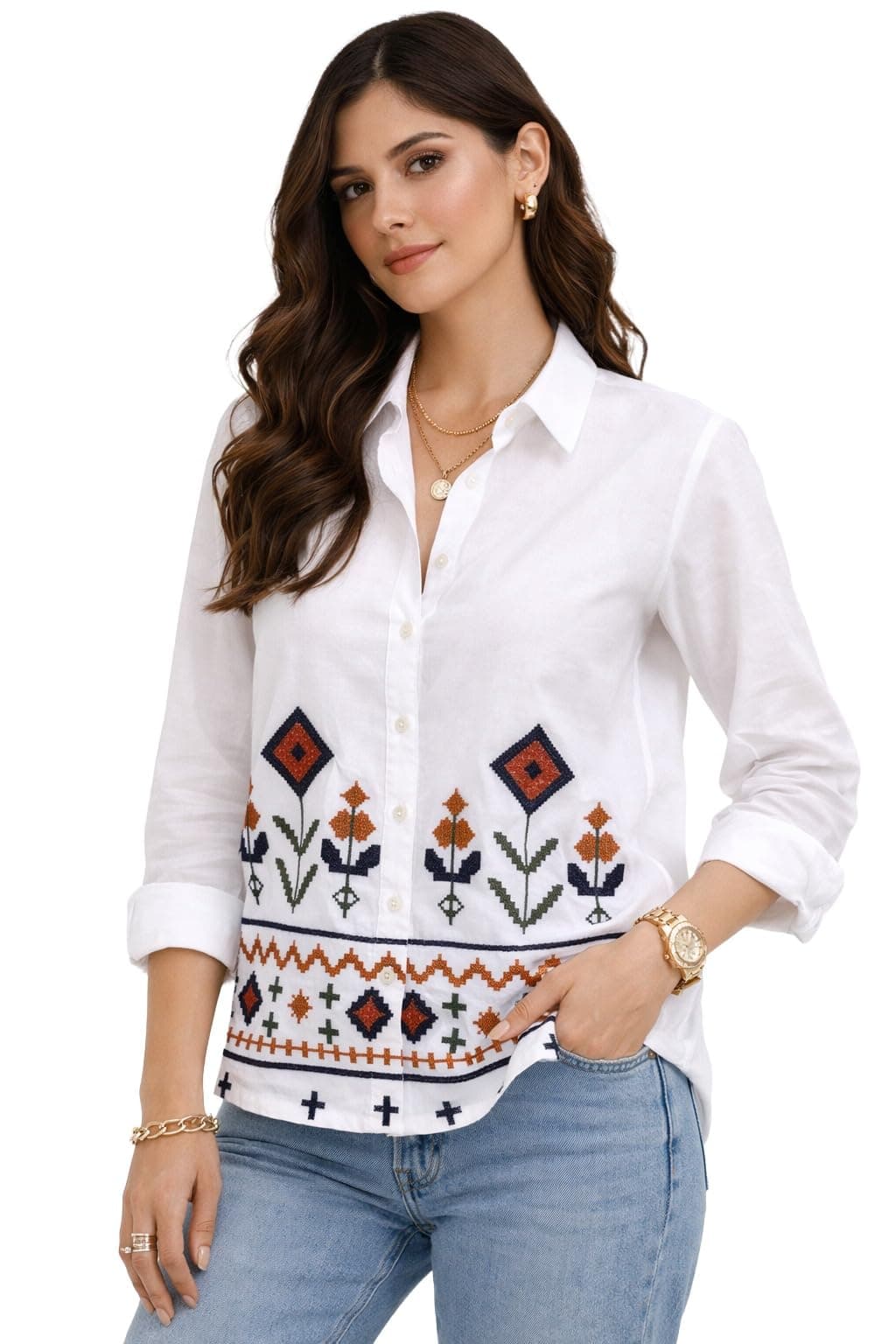 HiloRill Women’s White Cotton Embroidered Shirt | Formal Office Wear Button Down Shirt for Women | Premium Silk Thread Embroidery Workwear Top Full Sleeve