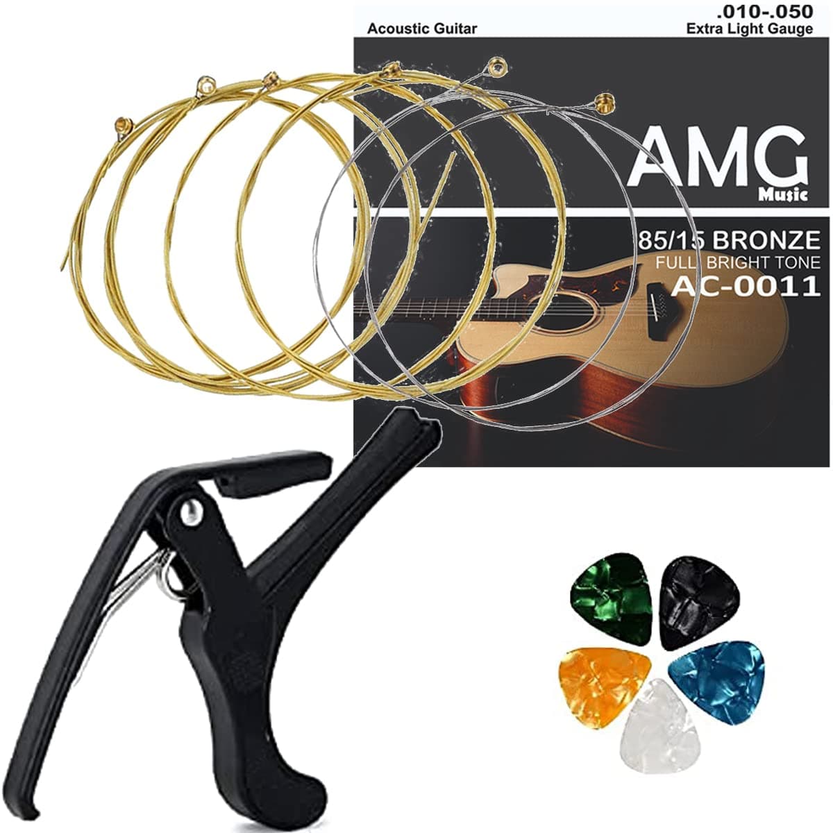DEVCIE OF URBAN INFOTECH Combo of Acoustic Guitar Strings & quick change trigger one handed Guitar Capo for Acoustic Guitar, Electric Guitar, classical guitar, Ukulele (6 Strings+ Capo+ 5 picks)