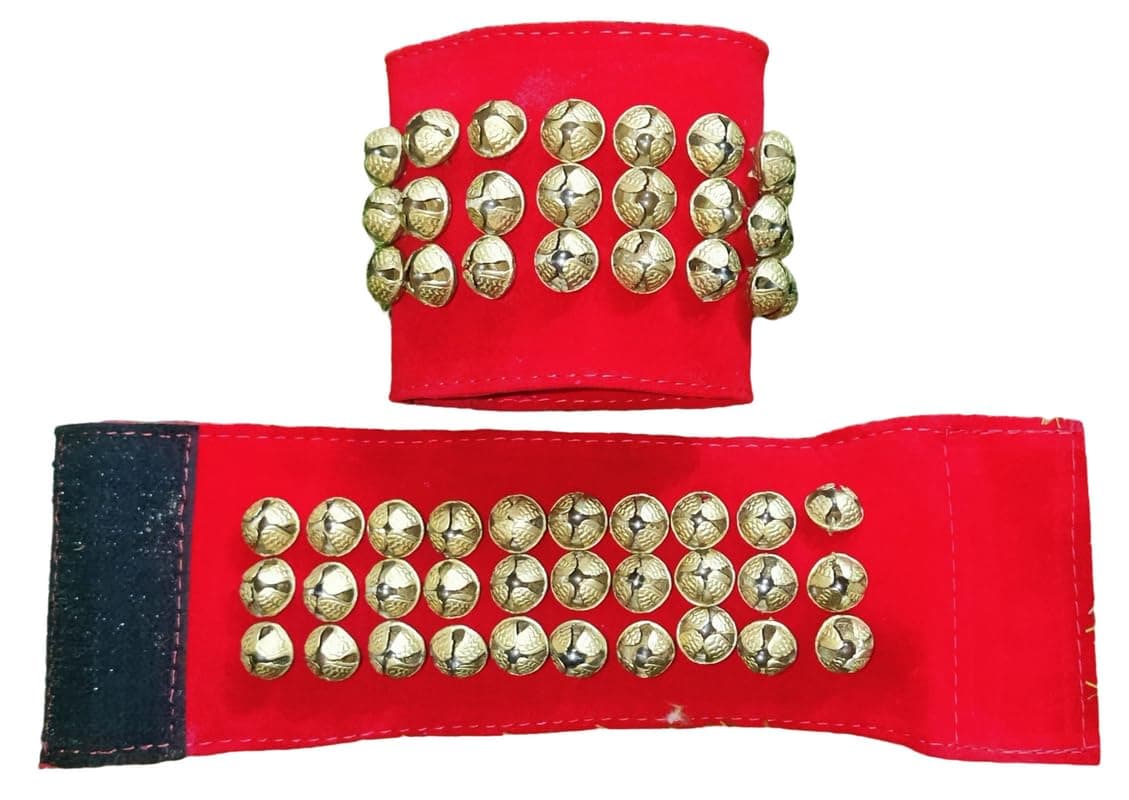 Ghungroo World Brass 3 Line Ankle Bells Velvet Stick Black adjustable Belt Pad for Classical Bharatanatyam Kathak Dance with Adjustable stick strap - (Red Velvet velcaro 2 CM)
