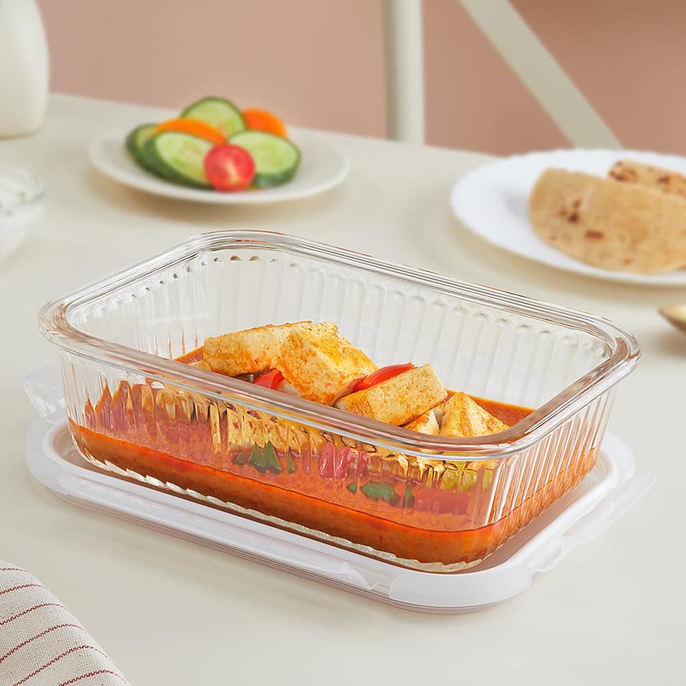 Borosil 1.05 L Fluted Klip N Store Rectangle Food Storage Container with Air Tight Glass Lid | Borosilicate Glass Container for Lunchbox | Microwave & Dishwasher Safe | Transparent