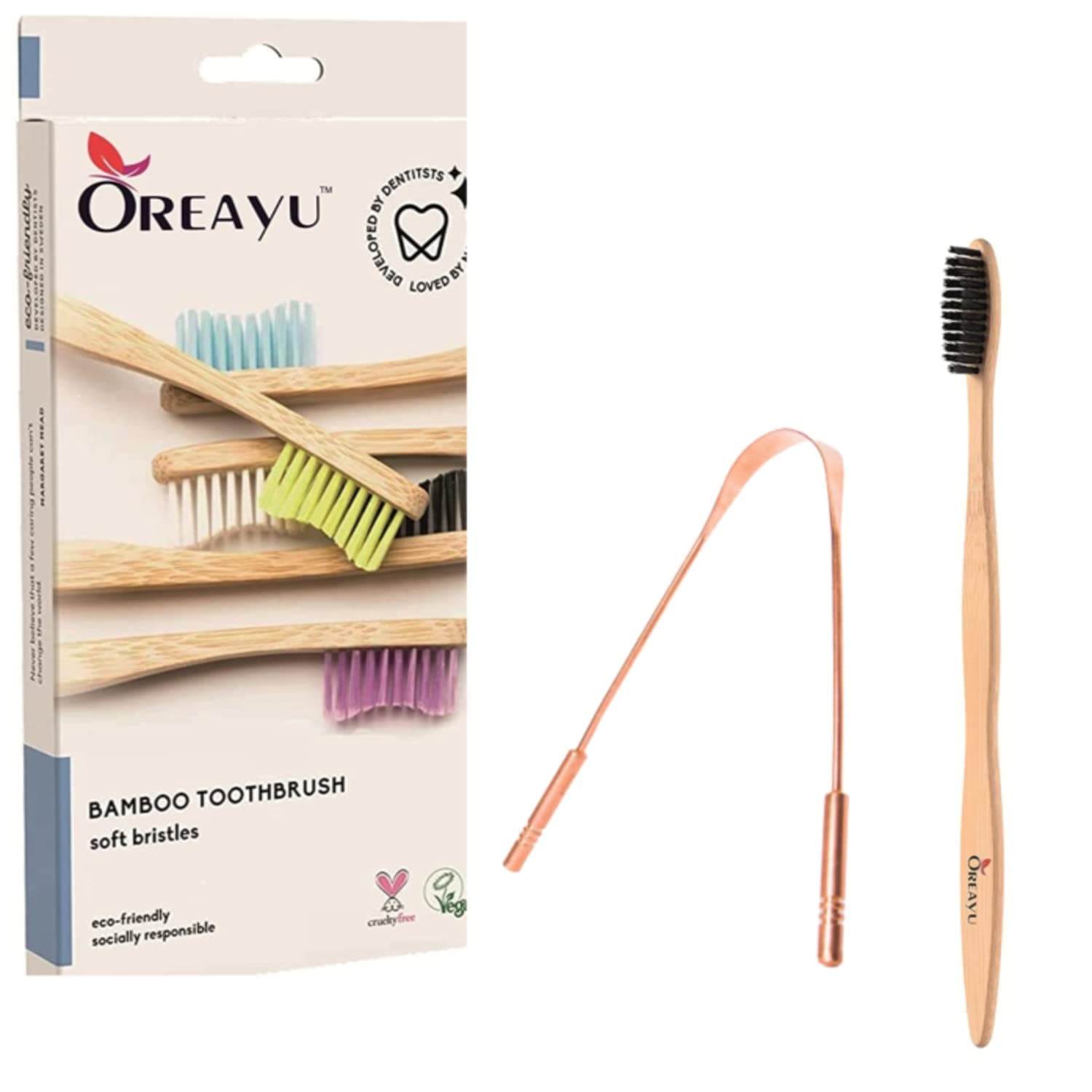 OREAYU Adult Bamboo Manual Toothbrush With Pure Copper Tongue Cleaner One Toothbrush & One Tongue Cleaner Combo, 2 pieces