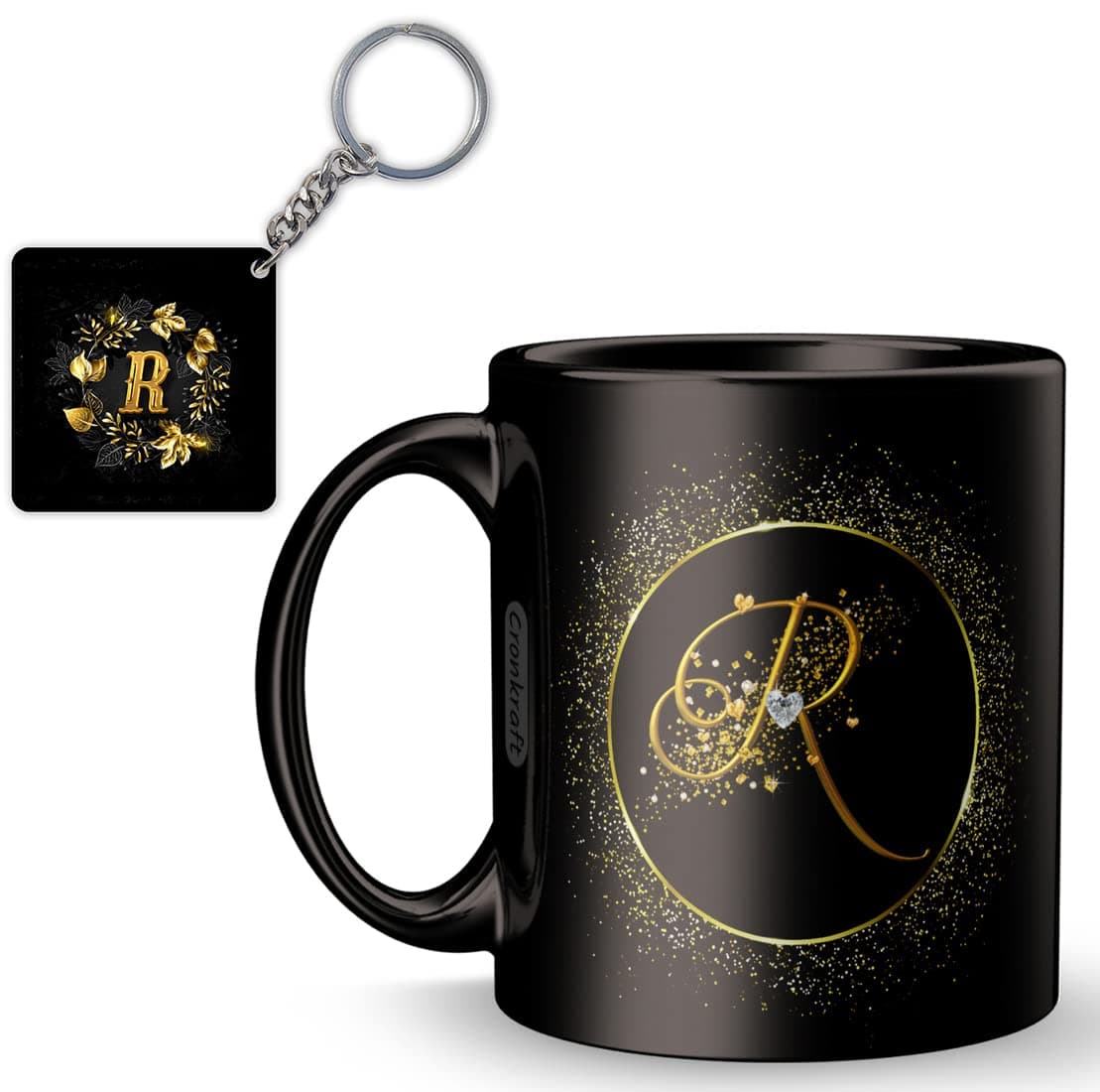 Cronkraft Golden Frame With R Alphabet Letter Printed Ceramic Mug + Keychain,Gift For Love,Birthday,Wife, Husband, Girlfriend Boyfriend,Kids,Brother,Sister On Birthday (R Alphabet), 300 Ml