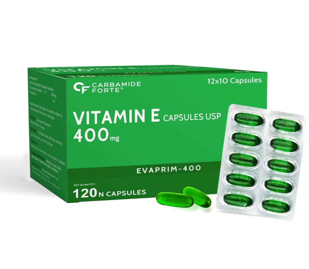 Carbamide Forte 400mg Vitamin E Capsules for Face and Hair | 100% Natural Vitamin E Supplement with Vitamin E Oil | Paraben Free - 120 Capsules