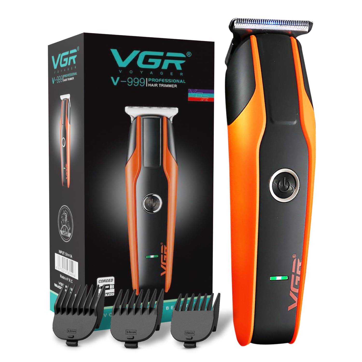 VGR V-999 Professional Hair Trimmer for Men | Precision T-Blades, Turbo Function, 4 Adjustable Guide Combs, LED Indicator, 1.5-Hour Charge, 120-Min Runtime, Cordless & Corded Use - Orange