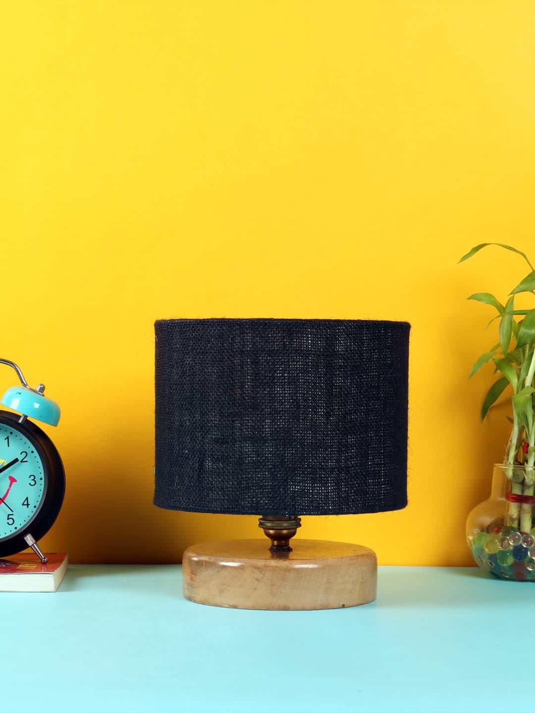 AMDHOME Jute Shade Table Lamp, Night Lamp with Wood Base (7 Inches, Color-Black) for Living Room, Bedroom, Home Decor Item, Bedside & Desk Side Light Lamp, Dovel Pot | Perfect for Decoration & Gifting