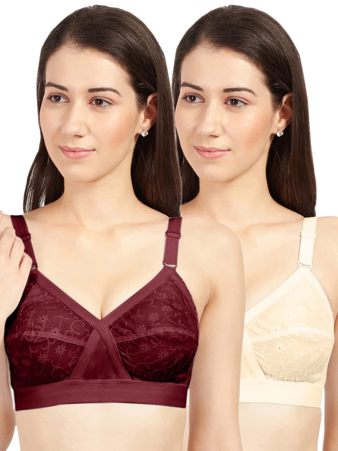 SONARI Celina Womens Non-Padded Pure Cotton Bra | Embroidered, Non-Wired, Full Coverage, Hand Washable, Regular Wear (Pack of 2)