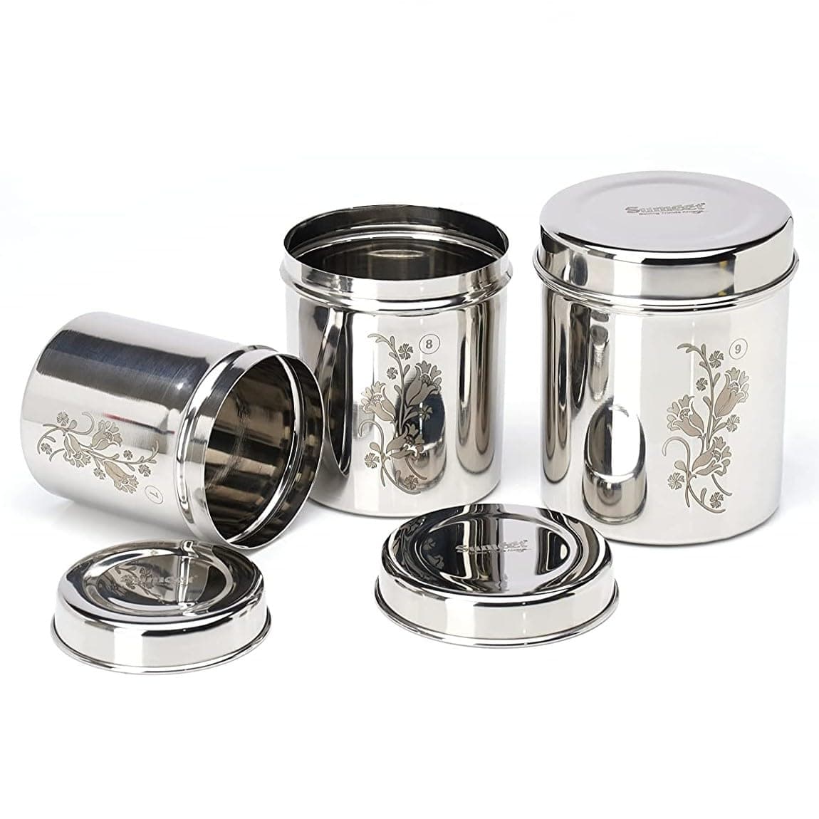 Sumeet Designer Stainless Steel Vertical Canisters/Ubha Dabba/Storage Containers Set of 3Pc (400ml,500ml,750ml), Silver