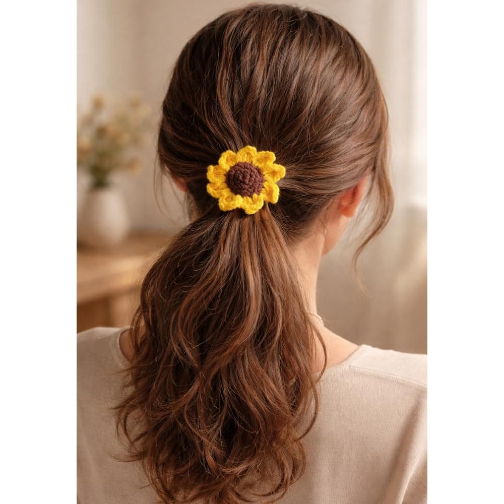 EarthBliss Handmade Crochet Sunflower Hair Tie for Women & Girls | Cute Floral Hair Rubber Band | Soft Elastic Scrunchie | Boho Aesthetic Hair Accessory for Daily Wear & Gifting