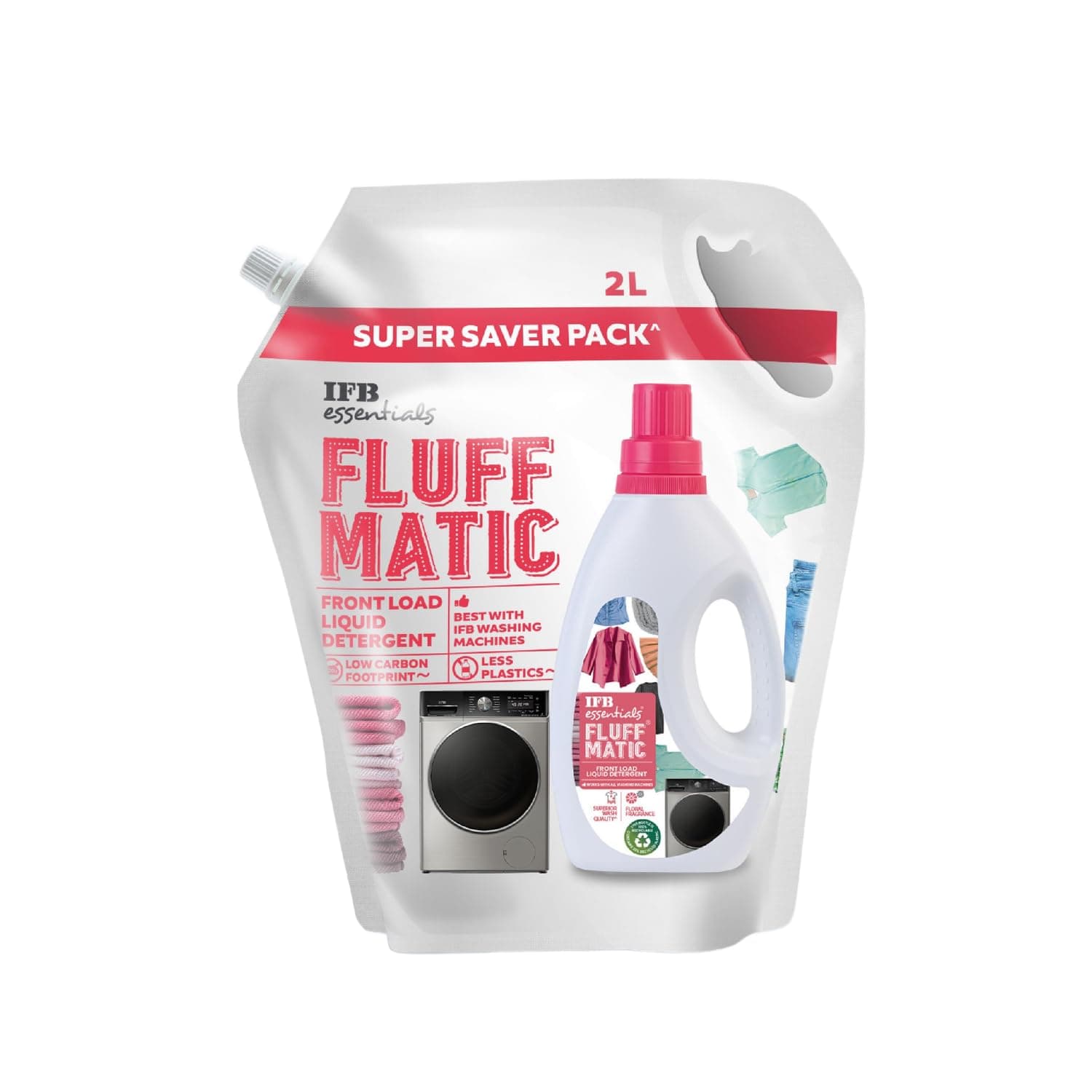 IFB Essentials Fluff Matic Front Load Liquid Detergent Refill Pack 2L | Super Saver Pack | More Washes | Removes Tough Stains | Long-Lasting Fragrance | Eco-Friendly, Gentle Care