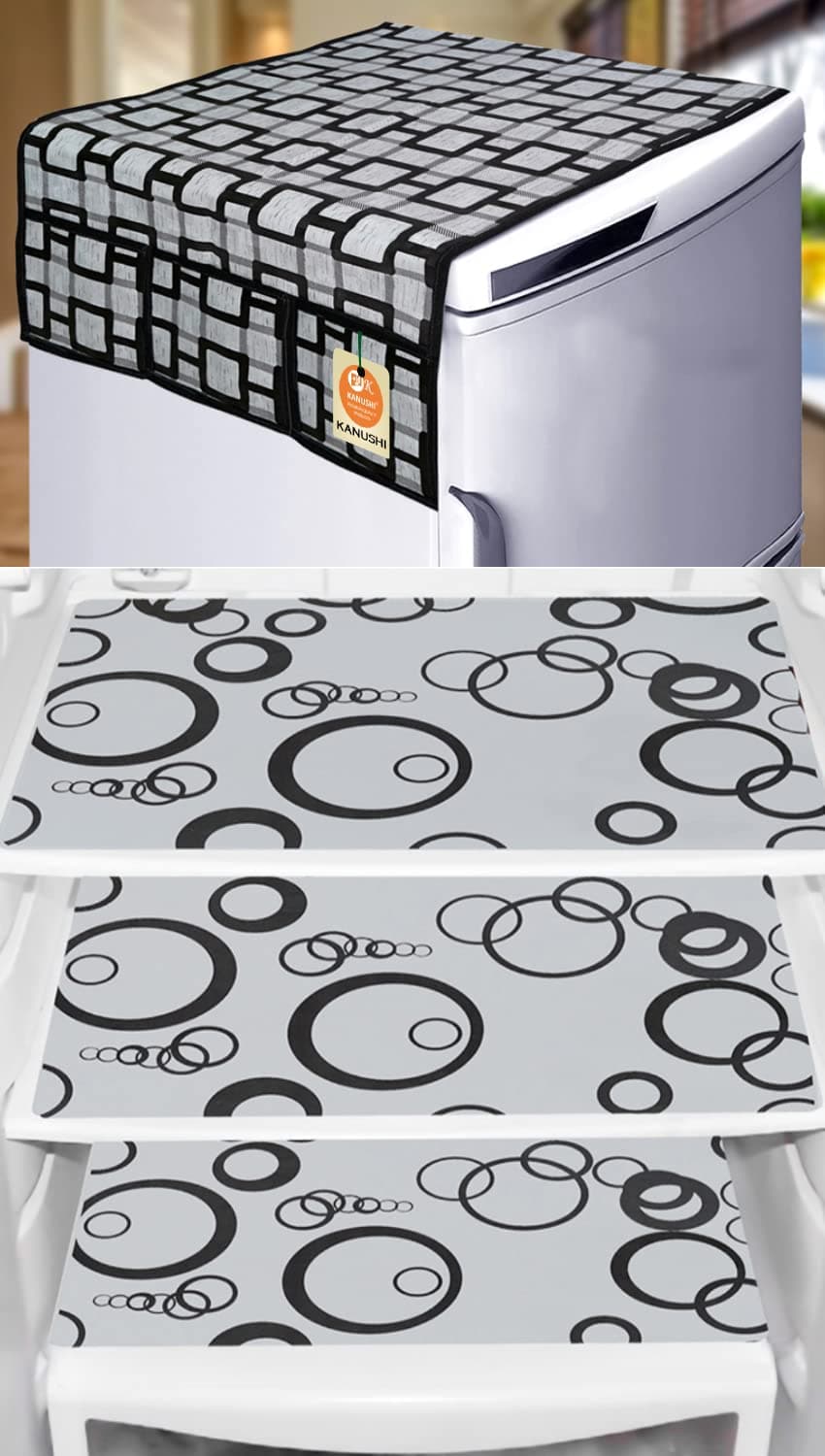 KANUSHI Industries® 1 Pc Fridge Cover for Top with 6 Utility Pockets (Grey Color)+ 3 Fridge Mats (NW-01-FRIDGE-TOP-M-15)