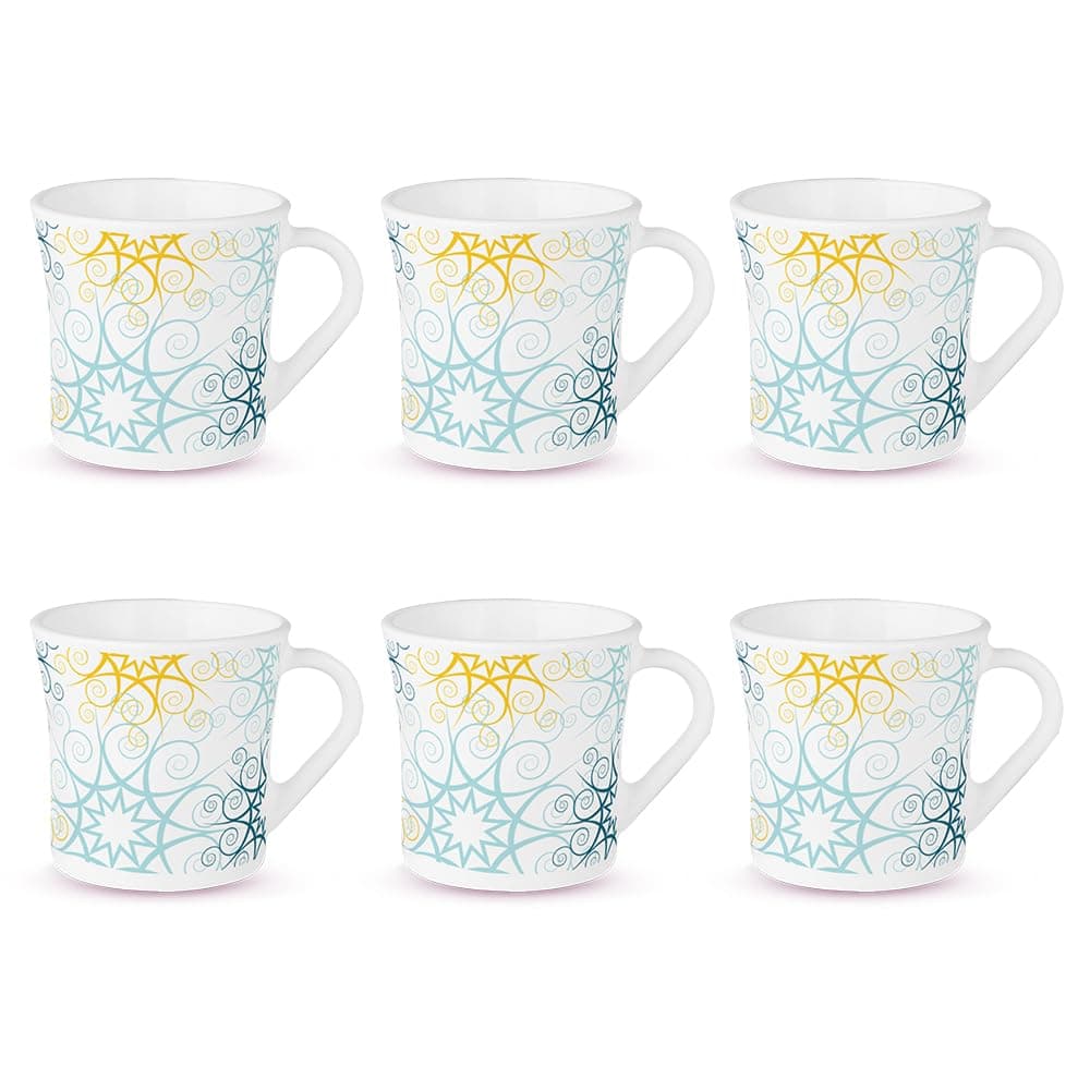 Larah by BOROSIL Crysta Series Maya Opalware Mug | Set of 6 Tea/Coffee Mugs, 210 ml Each | Microwave & Dishwasher Safe, Bone-Ash Free | Crockery Set Ideal for Daily Use & Gifting | White