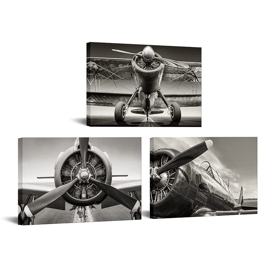 Canvbay 3 Panels Black and White Airplane Canvas Wall Art Plane Aircraft Picture Military Plane Wall Decor Turbine Propeller Painting Prints for Modern Home Office Decor 16x24inchx3pcs