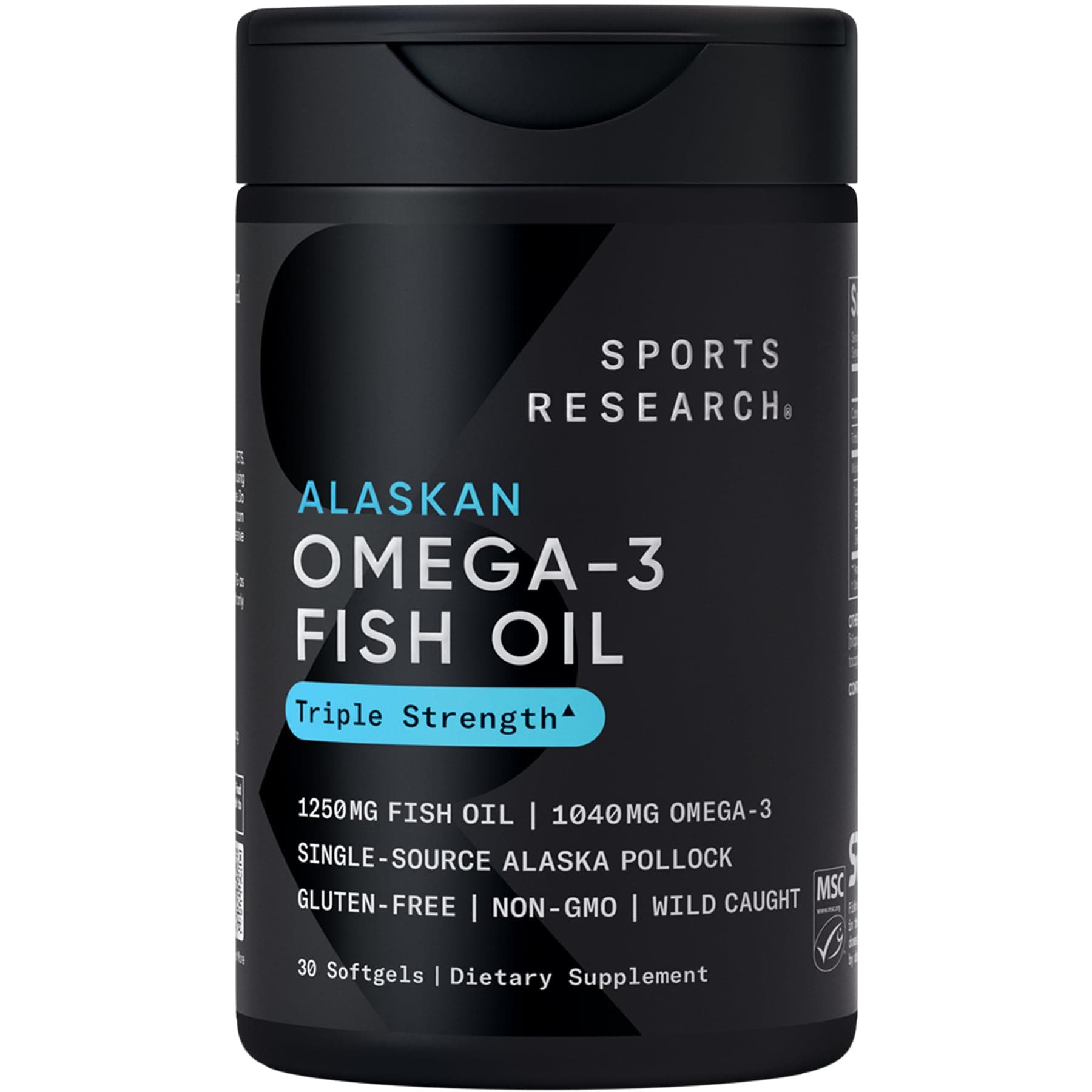 Sports Research Triple Strength Omega 3 Fish Oil 1250mg from Wild Alaska Pollock - Burpless Fish Oil Supplement with Omega3s EPA & DHA - Sustainably Sourced, Non-GMO, Gluten Free - 30 Softgels