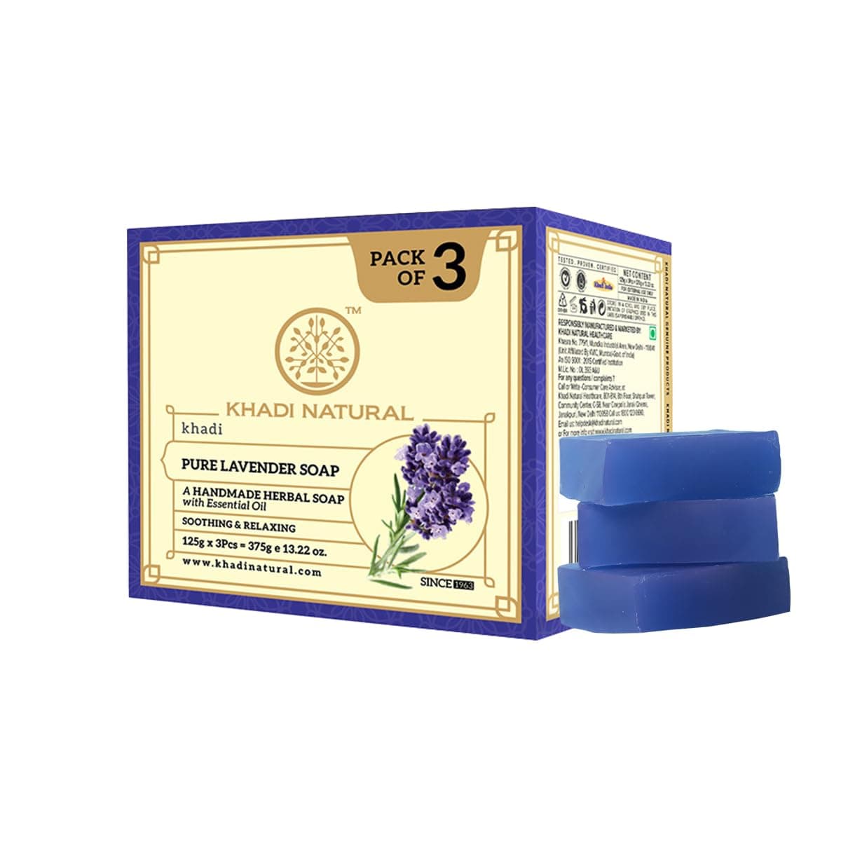 Khadi Natural Lavender Soap | Bathing Bar with Essential Oils | Gently Cleanses, Helps Relieve Stress | For Healthy, Soft Skin | Suitable for All Skin Types | Pack of 3 (125g x 3) | 375g