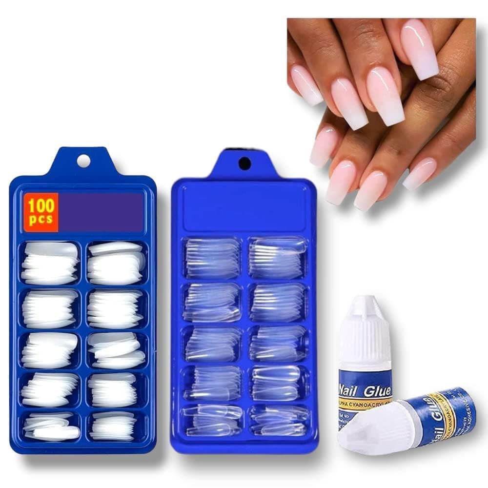 Artificial Nails Set,fake nails, 200 Pieces,woman nails 100 White and 100 Transparent, with 2 Nail Glue, Nail Salon Quality under 100