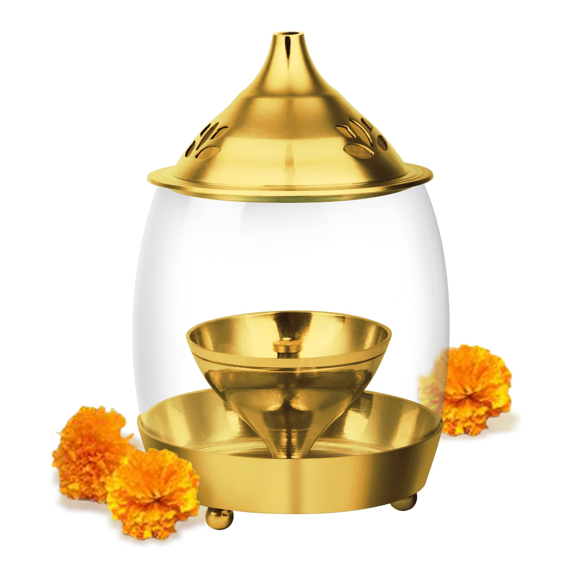 Treo by Milton Arpan Decorative Brass Diya for Puja with Curved Glass Cover, Home Decoration, Oil Akhand Diyas, Mandir Jyoti, Wick Holder Stand, Traditional Gold Lid Lamps