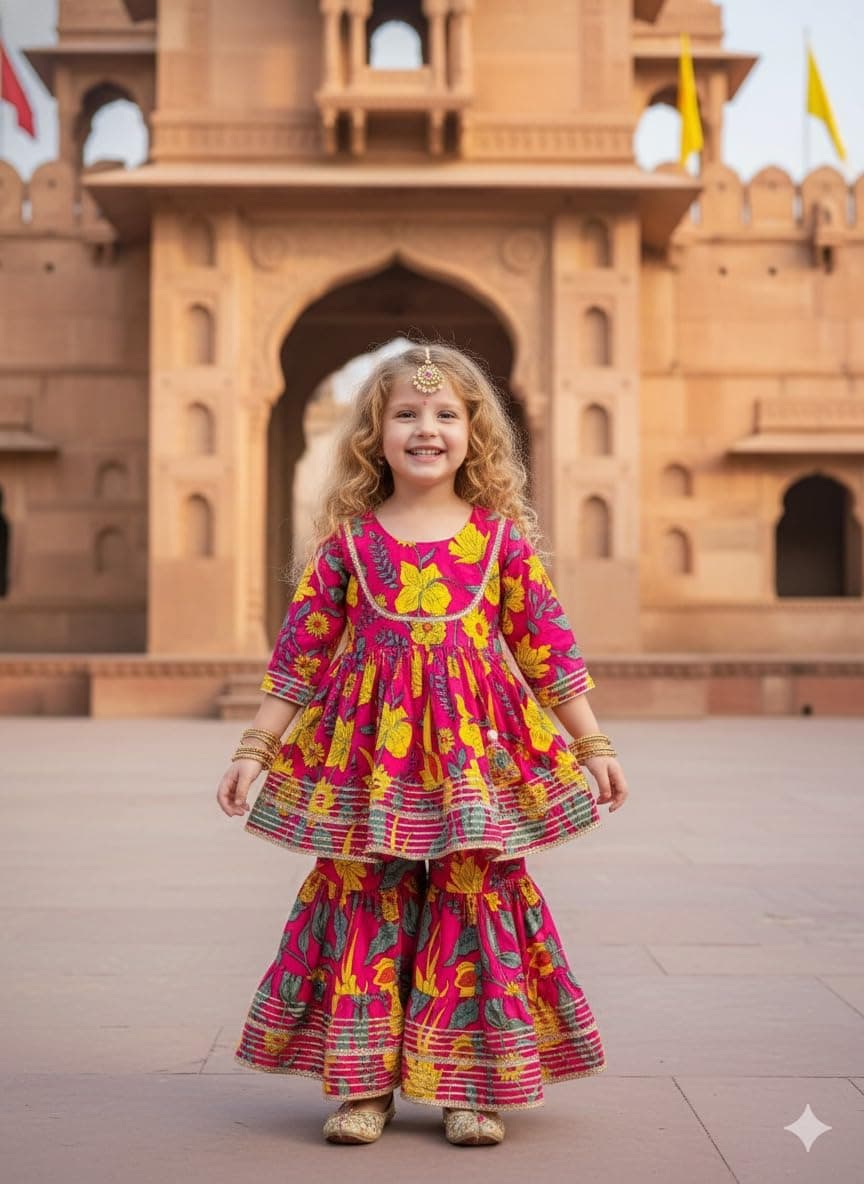 A.T.U.N. (ALL THINGS UBER NICE) Girls Pure Cotton Floral Printed Gotta Work Flared Kurta with Sharara Set | Festive Clothing Set