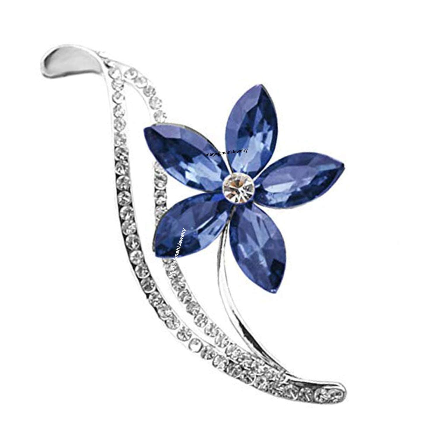 Mahi Rhodium Plated Floral Designer Montana Blue Crystal Brooch for Girls and Women BP1101039RMBlu