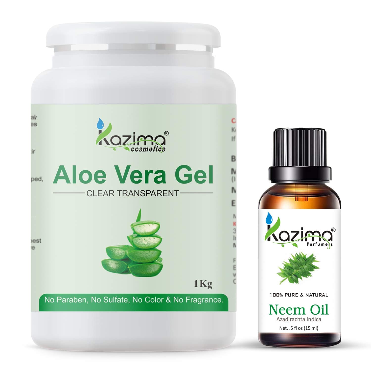 KAZIMA Combo of Aloe Vera Gel 1Kg & Neem Carrier Oil 15ml - 100% Pure & Natural for Skin, Face, Acne Scars, Hair, Moisturizer & Dark Circles (Combo of 2)