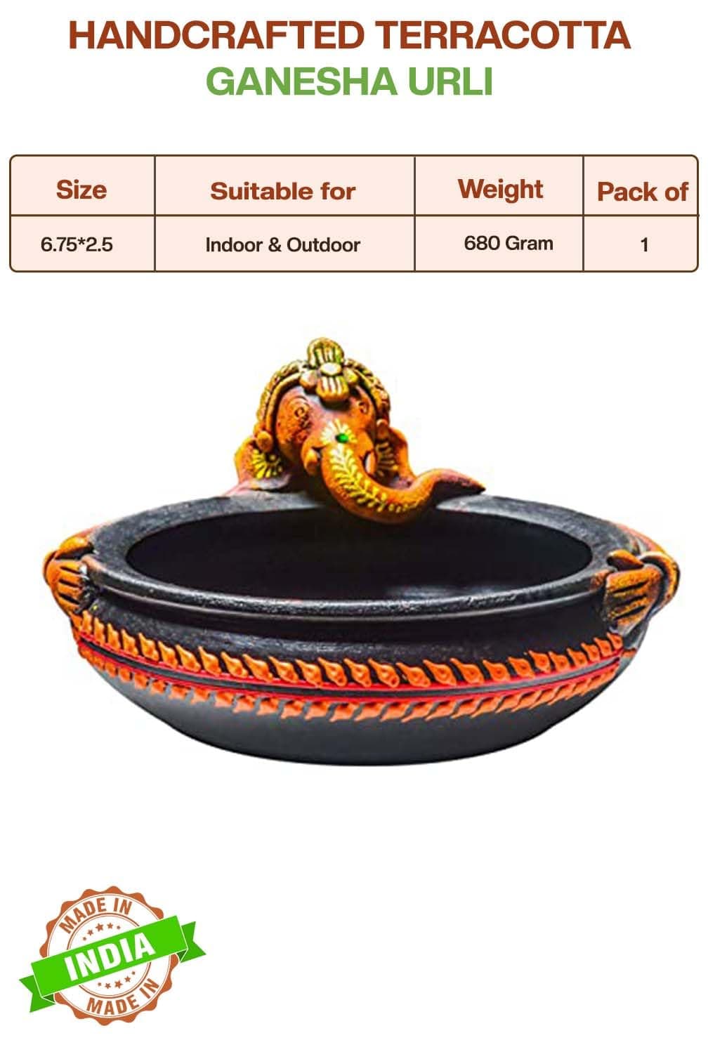 Shabana Art Potteries Handmade Earthenware Decorative Bowl/Ganesha Urli/Flower Pot -Dia 7.5 Inch Black, 250 ml