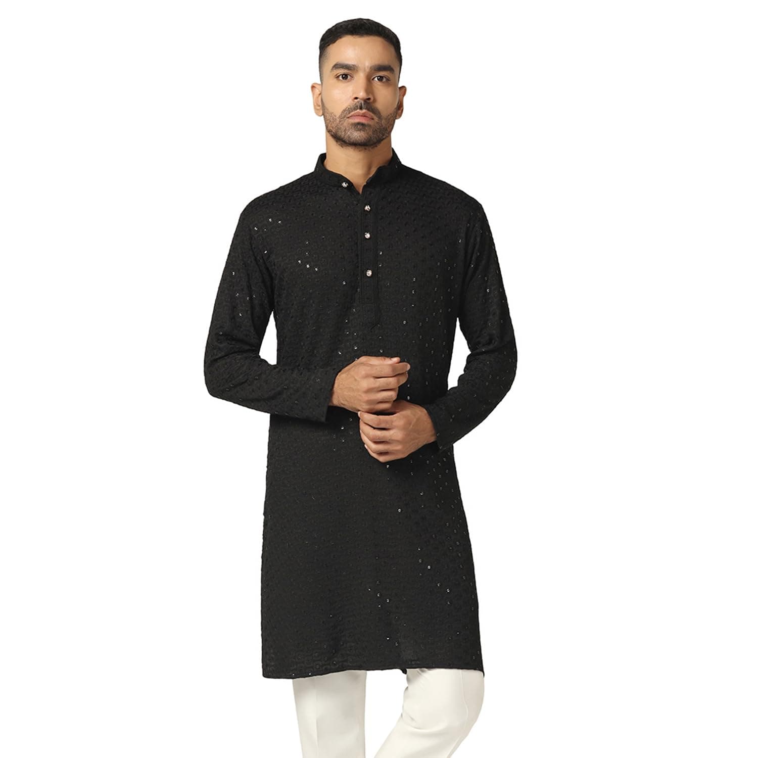 AHHAAAA Cotton Mens Tunic Shirt Ethnic Full Sequin Embroidery Mirror Work Straight Kurta for Men