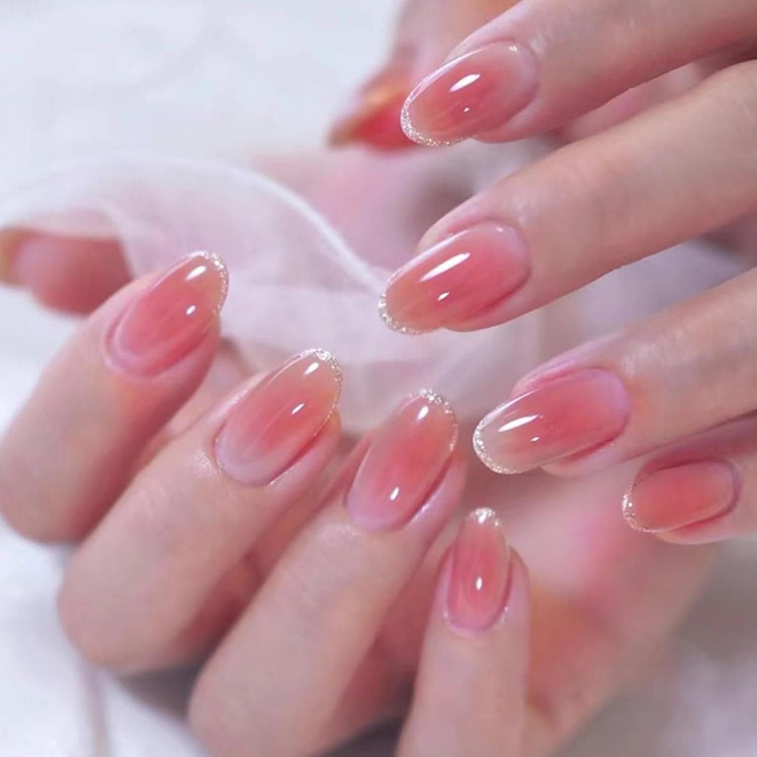Kriga 24 Reusable Artificial Fake Nail Set| Pink Light Dark Glitter Tip Short Rounded Oval Shape Glossy Press On Nails| Lightweight & Long Lasting| Quick Fix For Festivals & Special Occasions