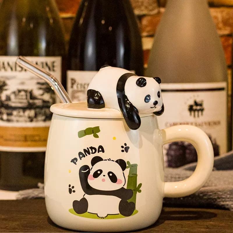EVAAY Panda Coffee Mug with Lid & Glass Spoon, Mugs for Coffee, Rakhi for Brother, Birthday Gift, Ceramic Mug, 3D Panda Coffee Mug (420ml – Panda White)